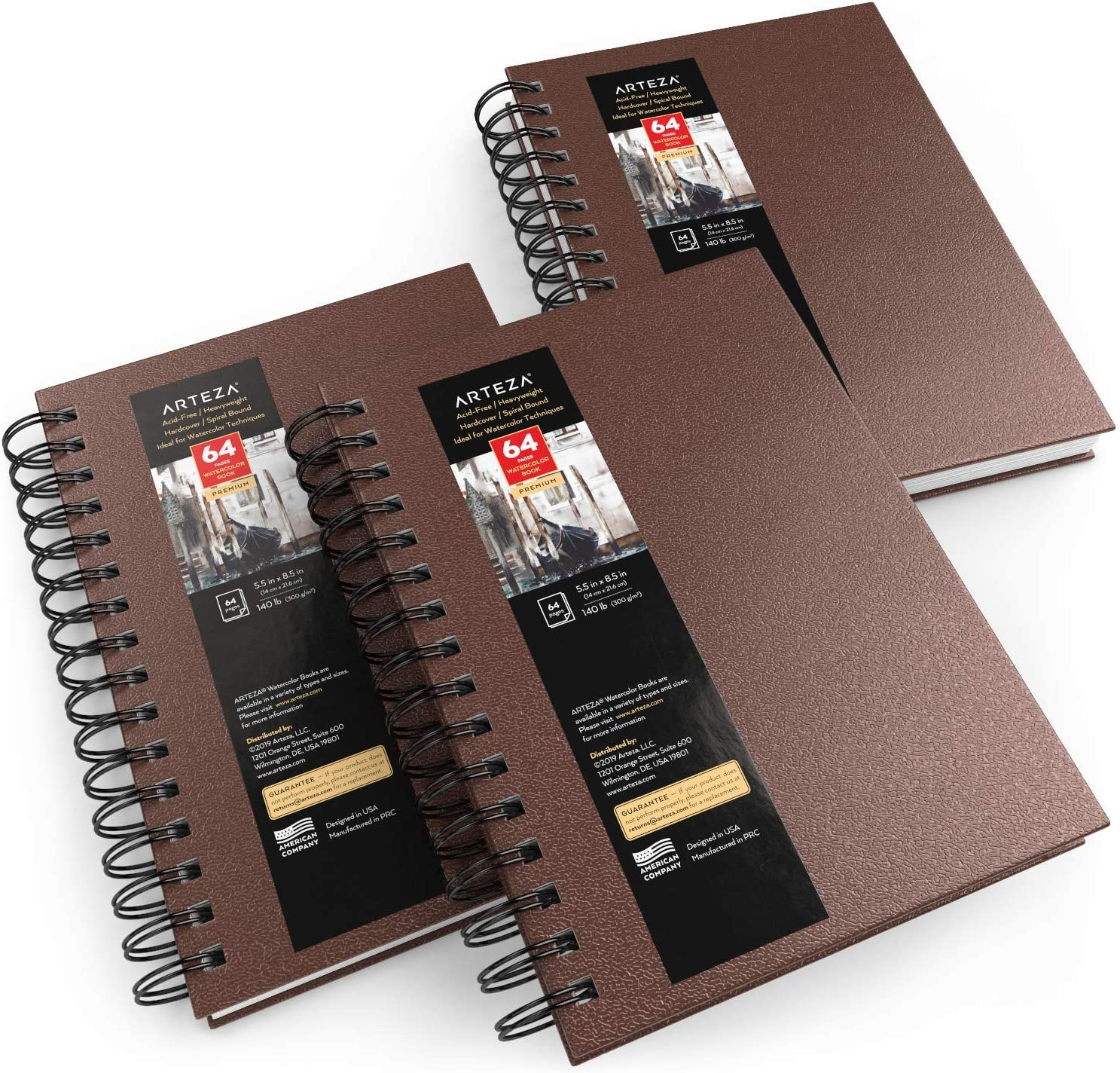 Arteza Watercolor Sketchbooks, 5.5X8.5-Inch, 3-Pack, Blue Hardcover Journal, 96 Sheets, 140Lb/300Gsm Watercolor Paper Pad, Spiral Bound Book for Watercolor, Gouache, Acrylics, Pencils, Wet & Dry Media