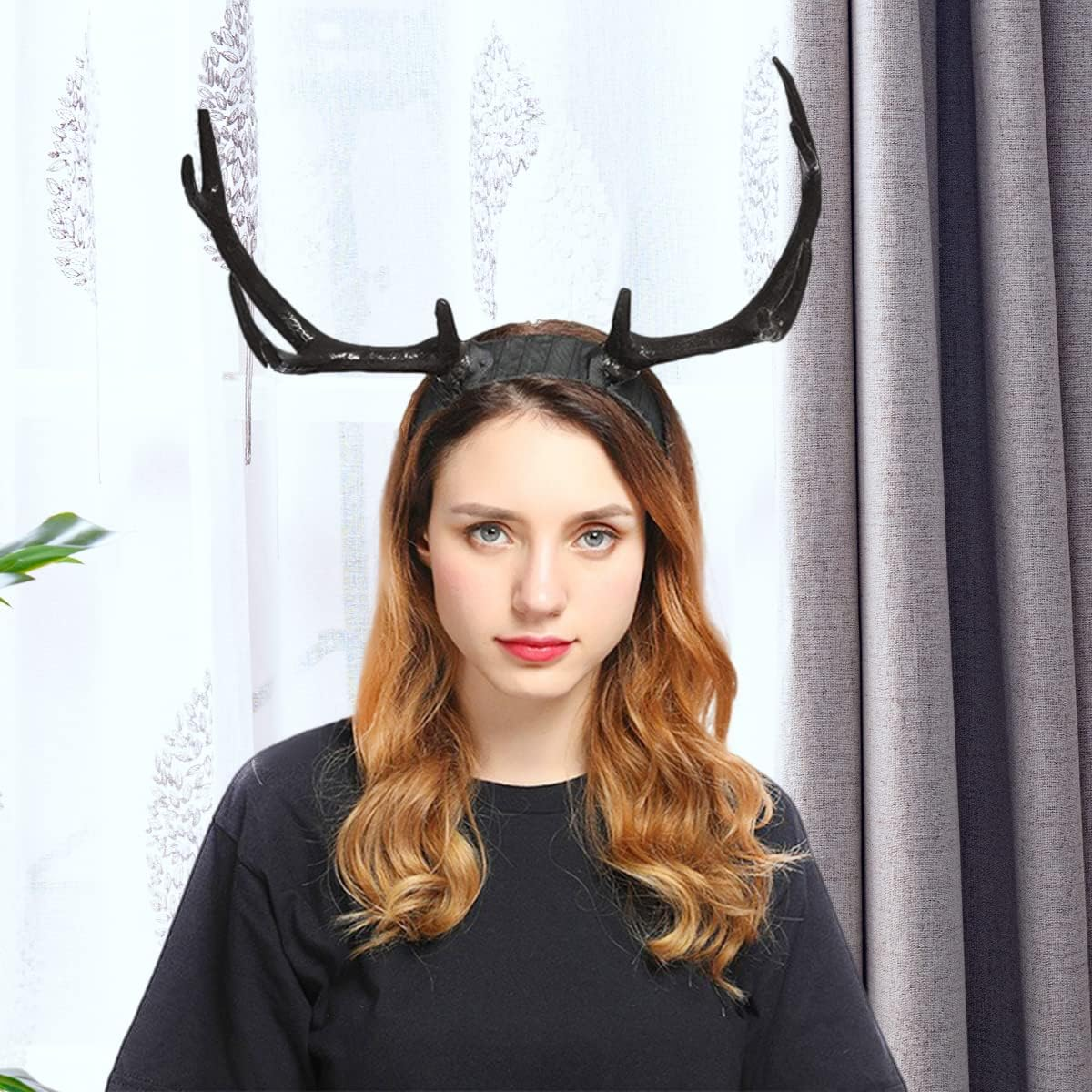 FERCAISH Reindeer Antler Headband, Black Deer Horn Elk Headband Headpiece for Christmas Party, Large Antler Ears Hairband image number 4