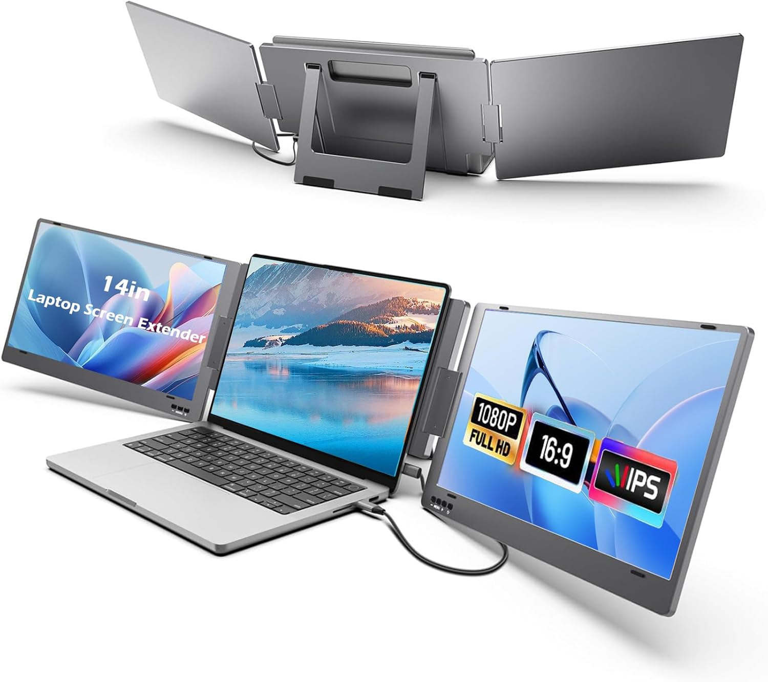 14 Inch Triple Portable Monitor, 1080P LCD IPS Dual Screens Extender with 178&deg; Viewing Angle, Adjustable Stand, Multitasking Supported for Laptop PC (X90A AU Plug) image number 5