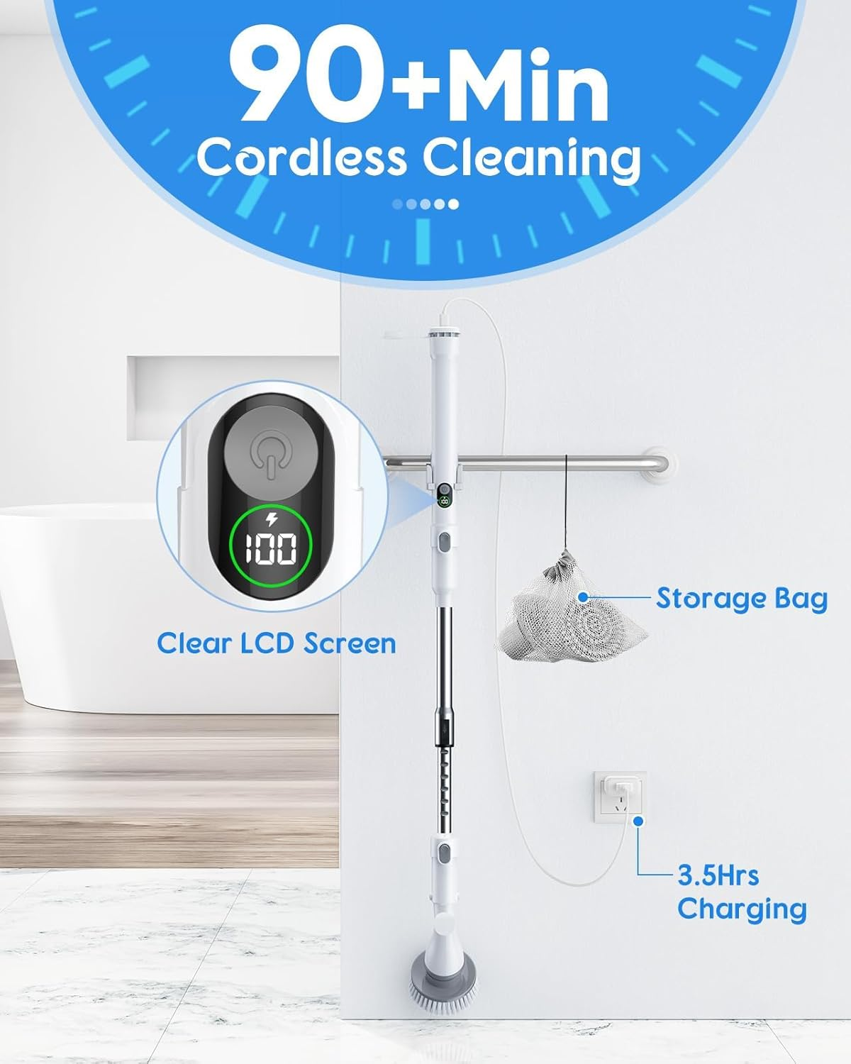 Electric Spin Scrubber with Battery Power Display, Fast-Charging Cordless Shower Scrubber with Long Handle, 4 Replaceable Brush Head, 1.5H & 2 Speeds Electric Scrubber (White) image number 4