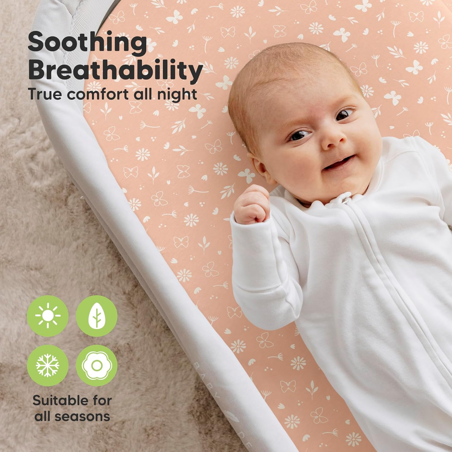 2-Pack Organic Bassinet Sheets for Girls, Boys -100% Cotton Bassinet Mattress Sheets Compatible with Halo Bassinest Swivel Sleeper, Graco,Baby Delight, Chicco,Unisex Fitted Bassinet Sheet(Butterflies) image number 6