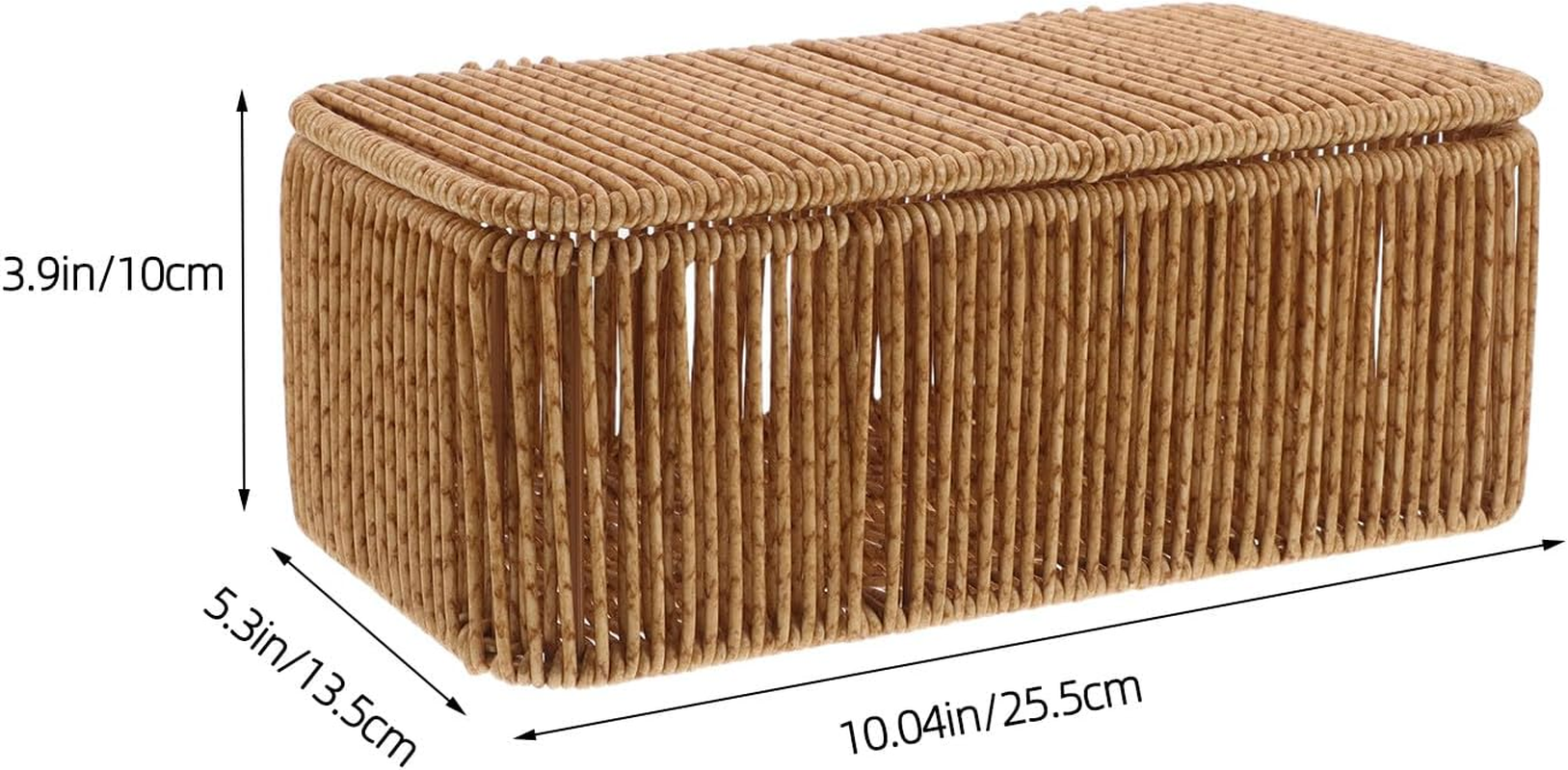 PAMINGONO Small Rectangular Rattan Storage Basket with Lid, Woven Desktop Organizer Box with 2 Dividers, Dustproof Makeup and Cosmetic Storage for Bedroom and Bathroom Shelves