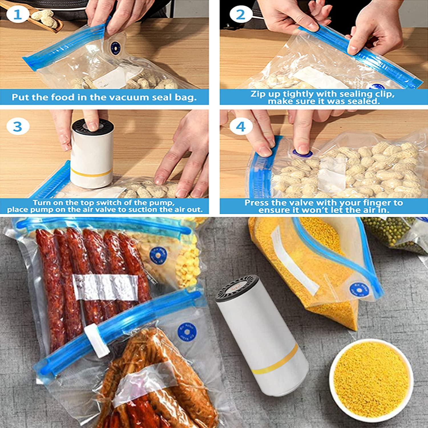 Reusable Food Storage Bag,Kiwinvou Portable Vacuum Sealer Freezer Bags,Dry and Moist Food Preservation for Vac Storage,Food Storage Bag for Kitchen Storage & Organisation,3 Size (40 Pcs) image number 1