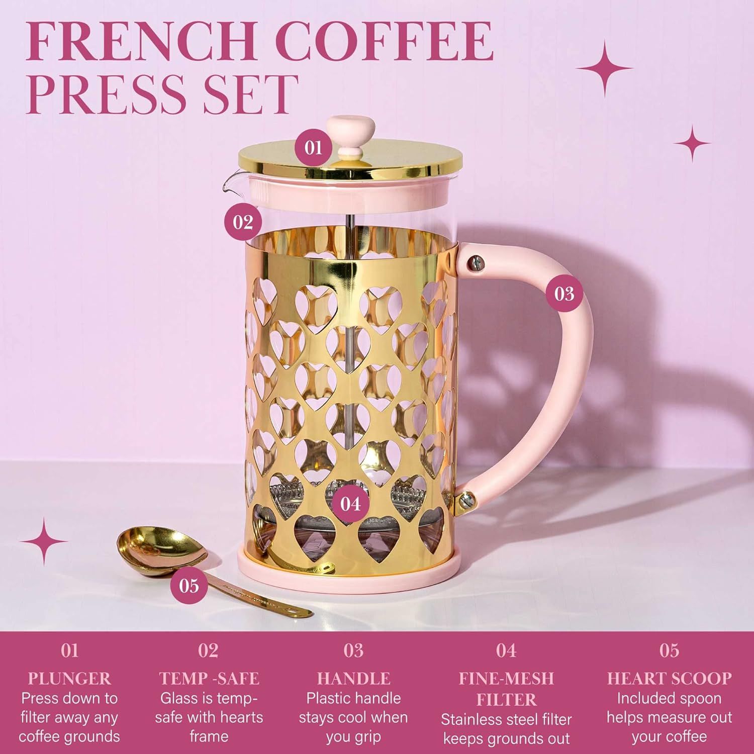 Paris Hilton French Press Coffee Maker with Heart Shaped Measuring Scoop, 2-Piece Set, 8-Cup or 34-Ounce, Pink image number 2