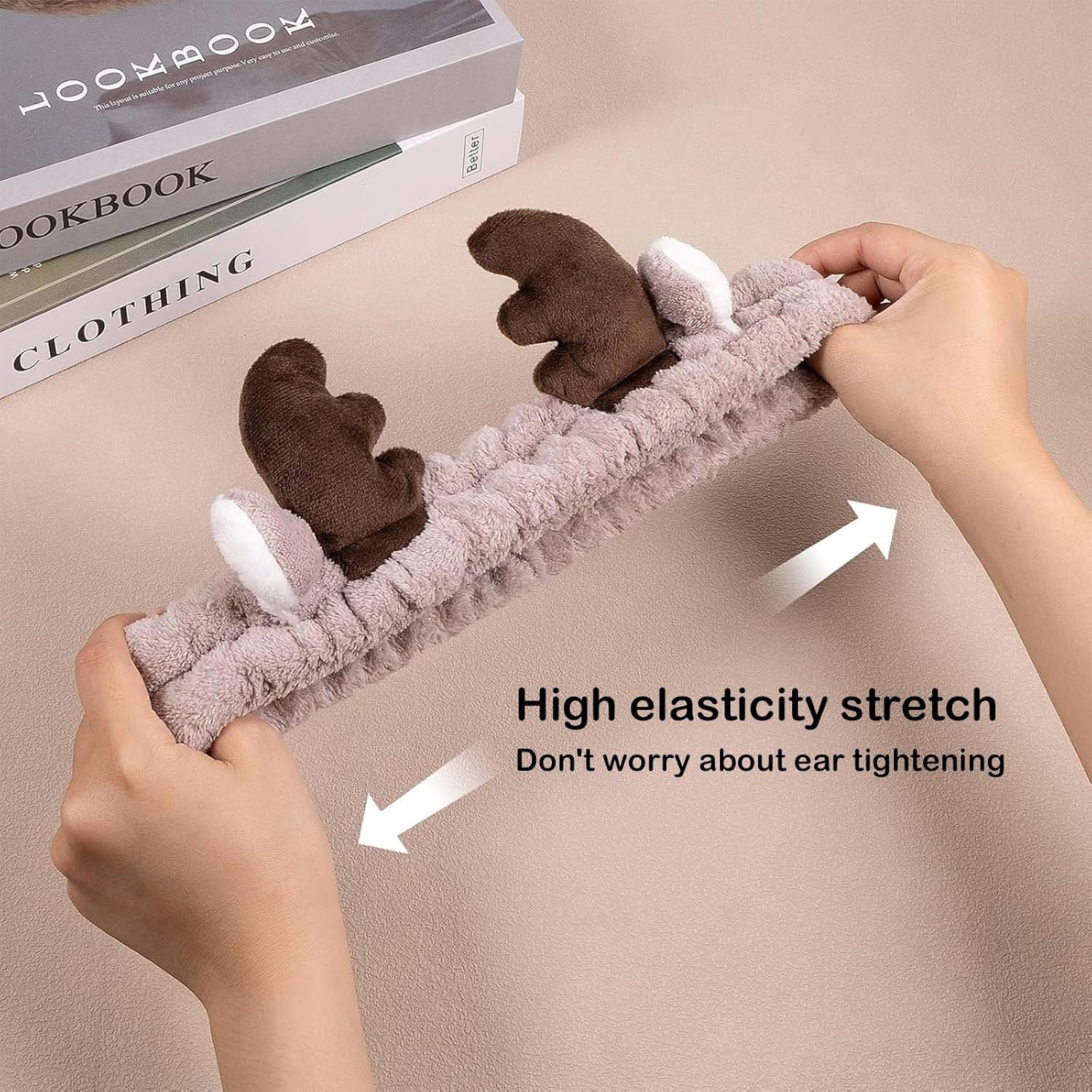 Pack of 2 Hair Bands, Cosmetics, Coral Fleece Makeup Hair Bands, Elastic, Cosmetic Headband, Wide Brim, Coral Fleece, Washing Face Head Wrap for Shower, Skin Care, Make-Up, Sports (White + Coffee) image number 6