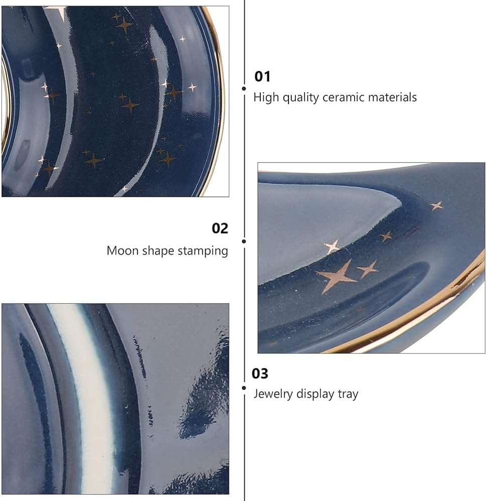 HYAVIA 2 Pack Blue Moon Jewelry Trays with Stars &ndash; Small Ceramic Ring Dishes, Decorative Vanity & Bathroom Trinket Holders for Rings, Necklaces, Earrings & Keys image number 5