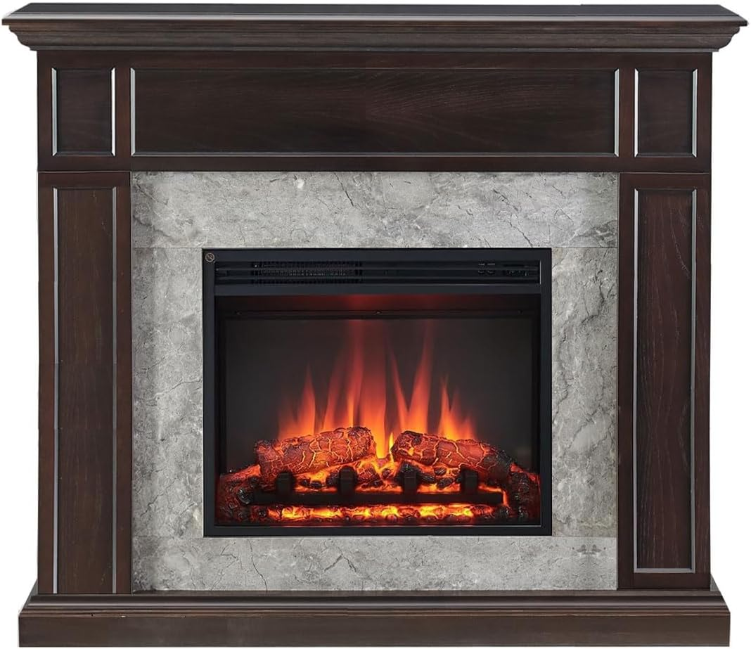 Modaliving Pearl 2000W Electric Fireplace Heater Mantel Suite Marble Veneer Finish Remote Control Timer Adjustable Flame (White)