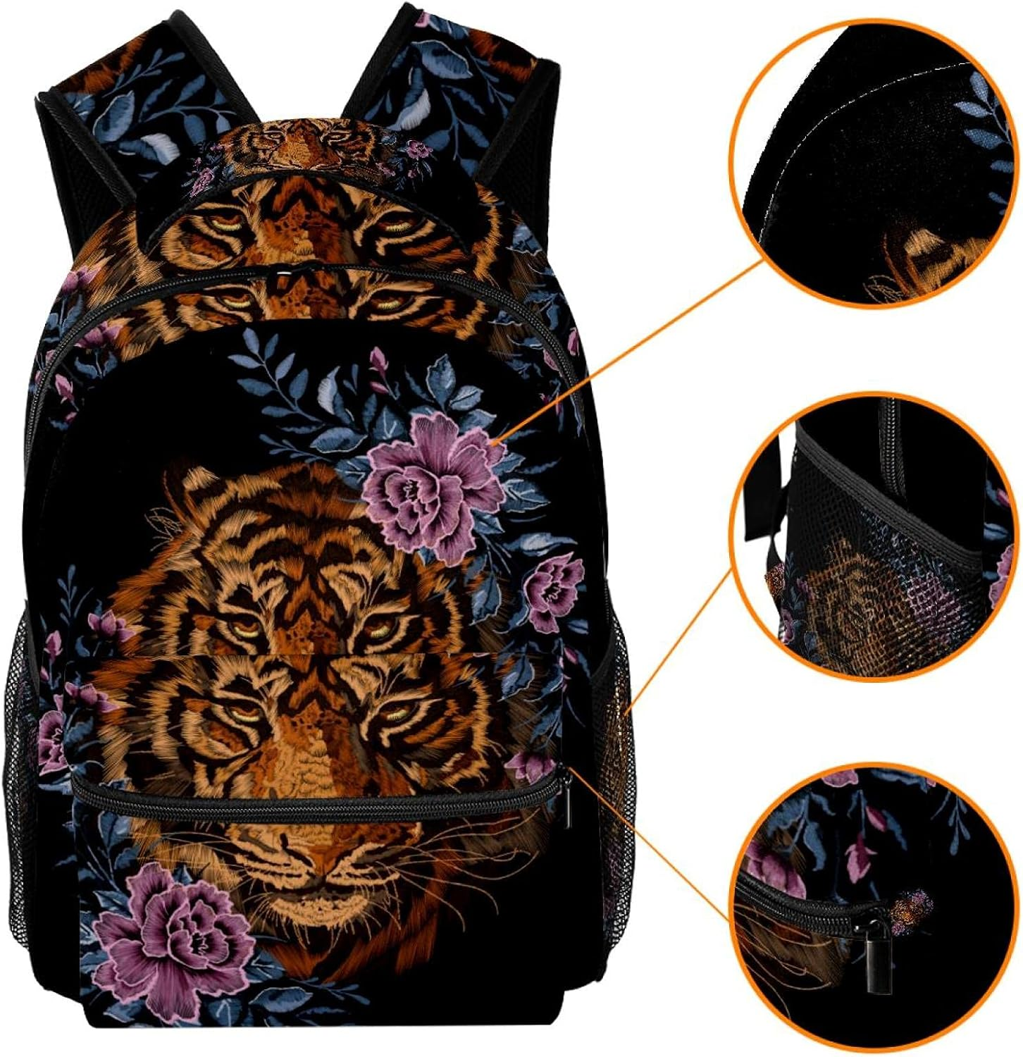 Floral Pattern with Tiger Head Ethnic Flowers Backpack Students Shoulder Bags Travel Bag College School Tote Backpacks