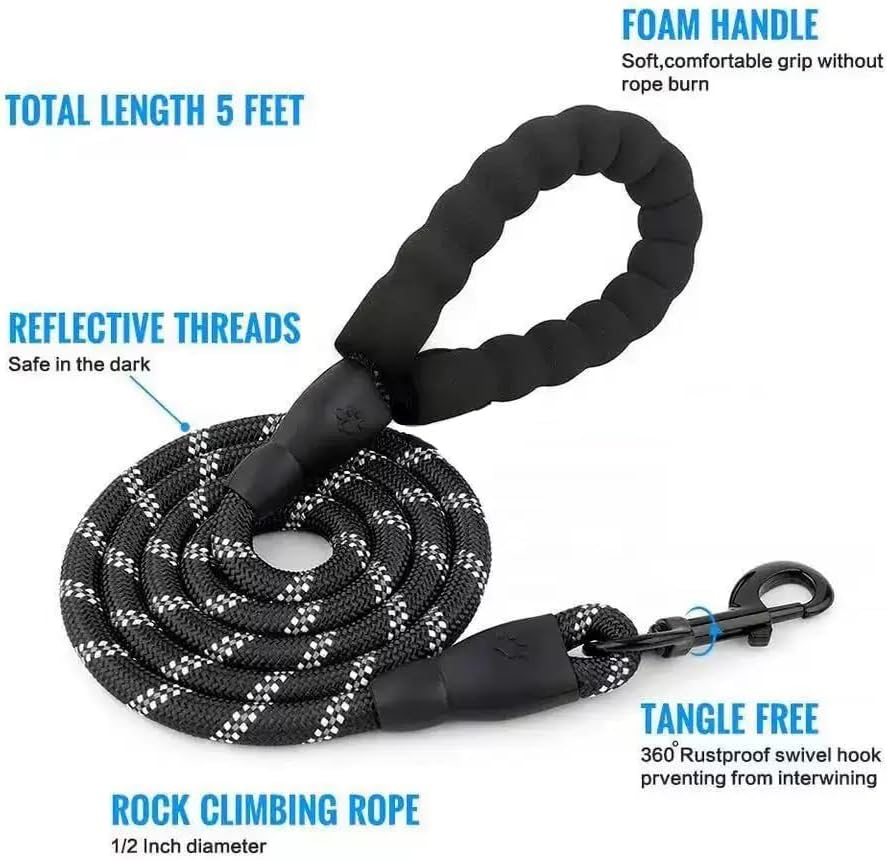 5/6 FT Strong Pet Dog Leash with Soft Padded Handle,Highly Reflective Rope for Night Walking,360-Degree Rotating Metal Buckle without Tangles,Suitable for Small,Medium and Large Dogs.(5Ft) (Black) - Black image number 3