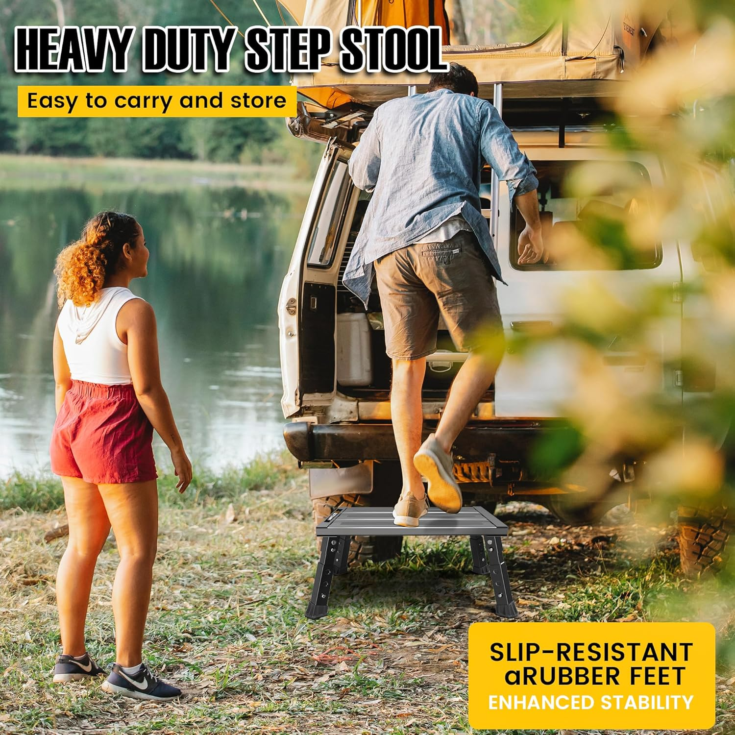 DEPSUNNY Adjustable RV Step Stool, 3-Step Height Adjustment, Foldable Legs, Wide Anti-Slip Surface,Supports up to 1,000 Lb, Premium Aluminum Construction Easy to Carry