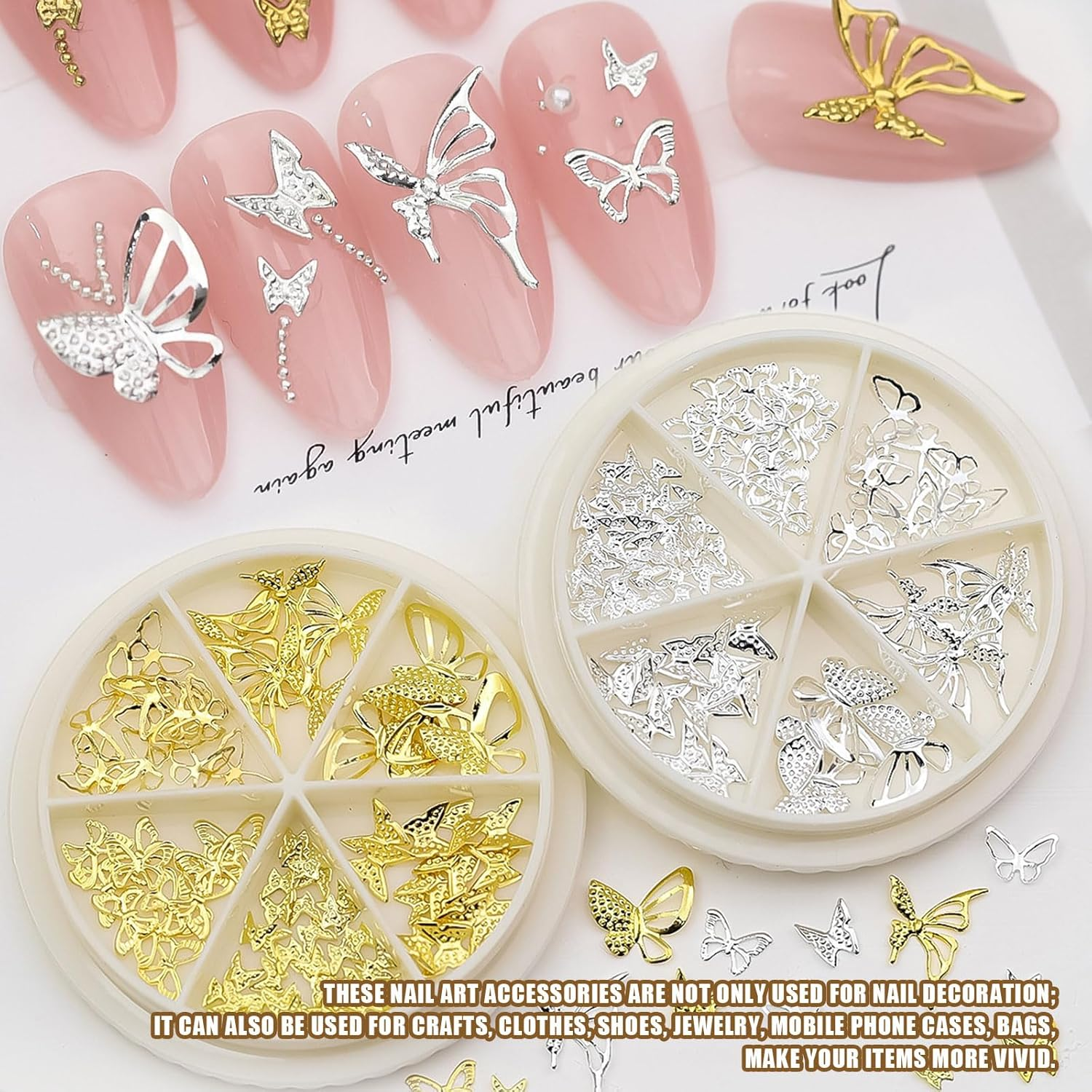 Butterfly Nail Charms, 2 Boxes Gold Silver Butterfly Nail Gemstones, Metal Alloy Hollow Butterflies Nail Art Decoration Accessories Nail Studs for Women and Girls, Manicure Design image number 4
