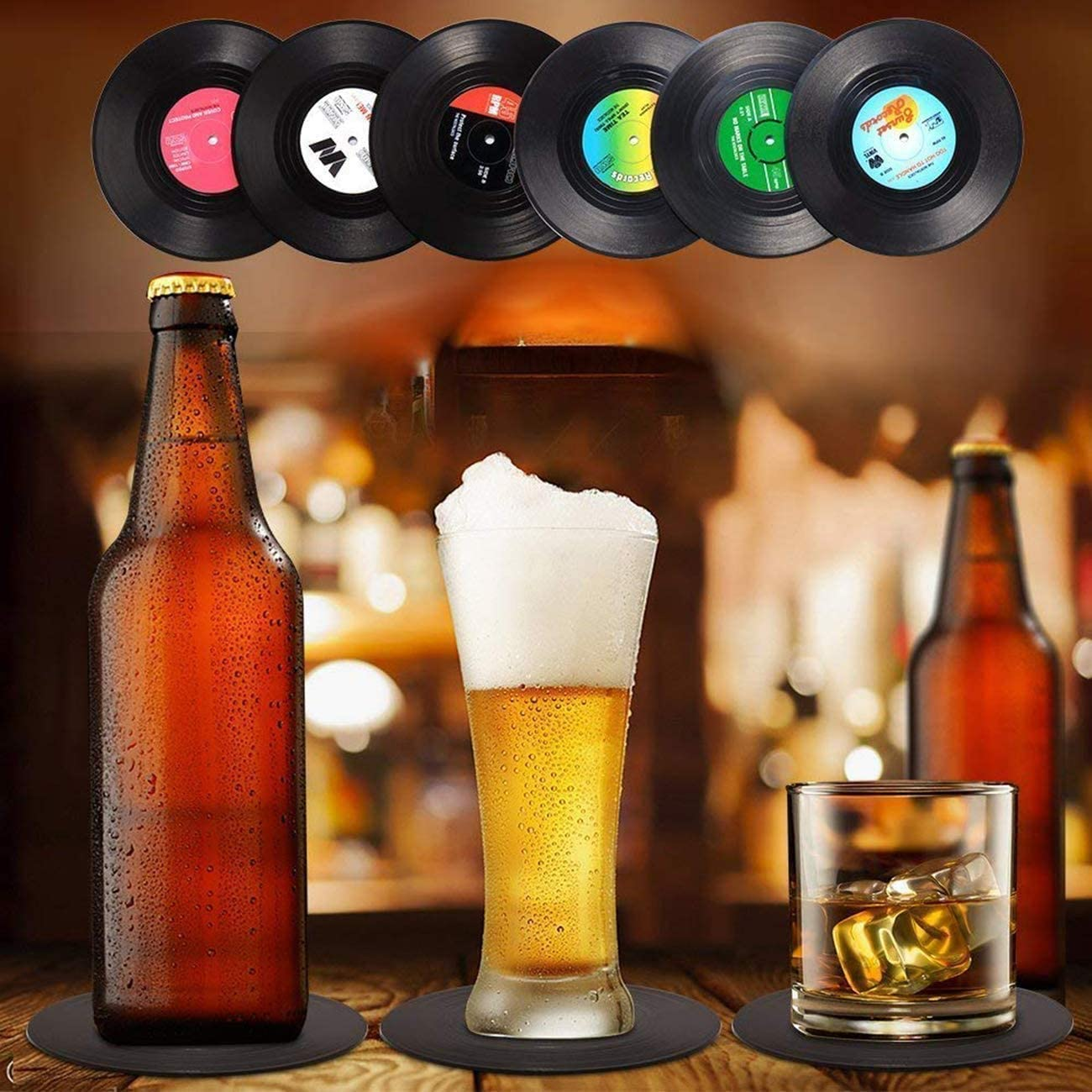 Cute Retro Music Coasters, 6Pcs Vinyl Record Cup Mat Retro Disk Drink Coaster for Music Lovers, Vinyl Record Style Drinking Coasters with Player Holder, 4.3Inch image number 6