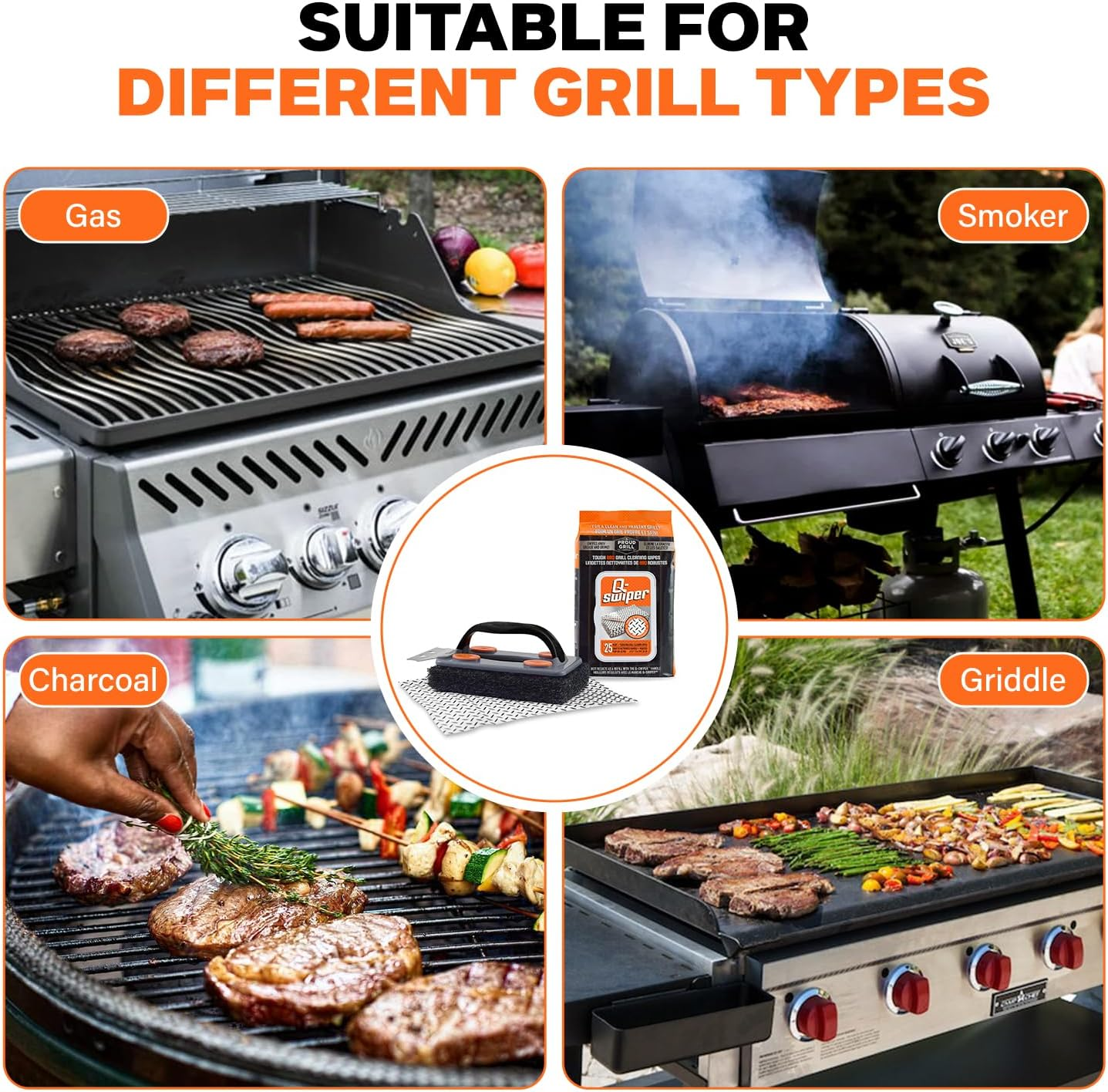 Q-Swiper BBQ Grill Cleaner Set - 1 BBQ Brush with Scraper and 25 BBQ Grill Cleaning Wipes. Bristle Free & Wire Free. Safe Way to Remove Grease and Grime for a Clean and Healthy Grill! image number 2