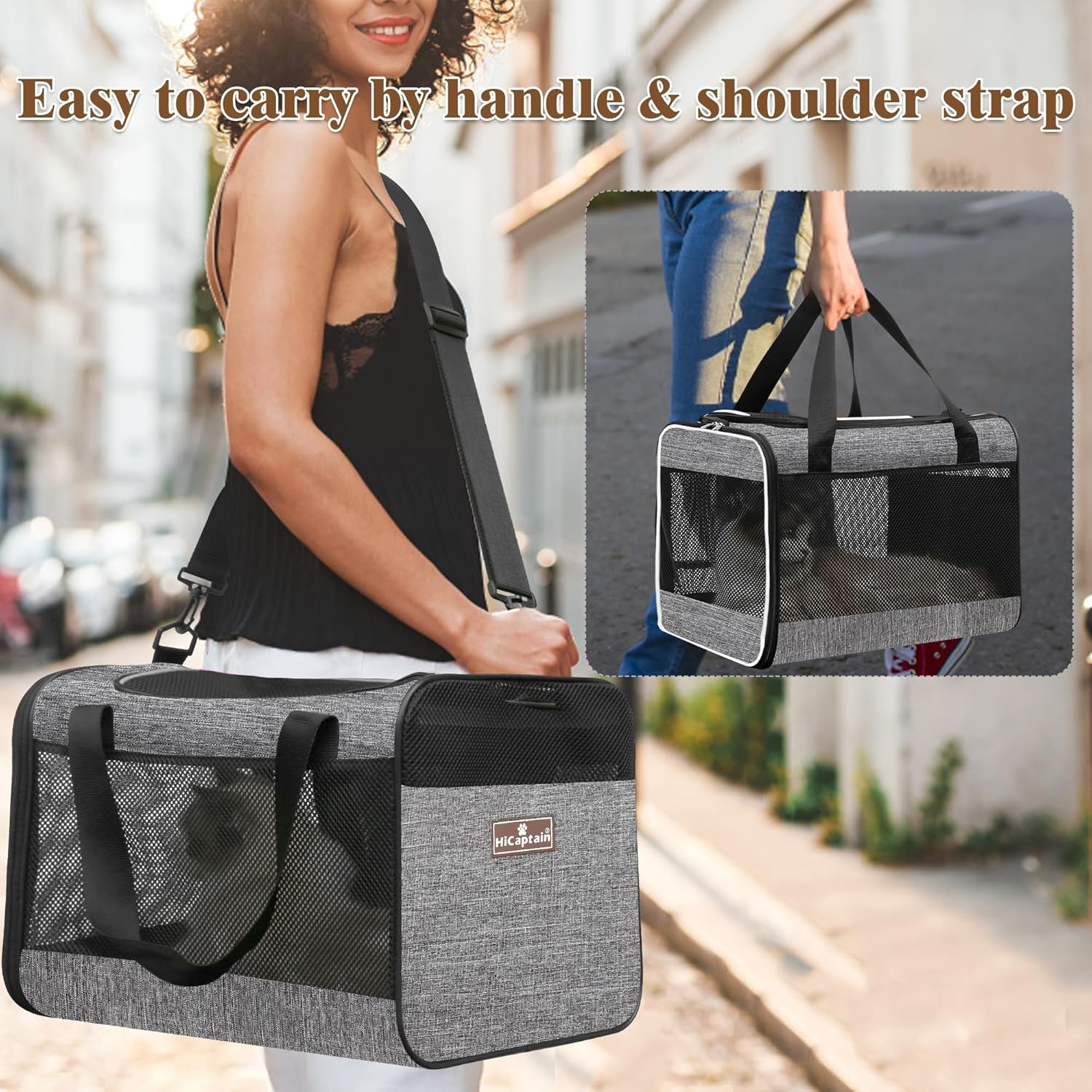 Hicaptain Cat Carrier Bag, Lightweight Soft Cat Carrier with Top Mesh Window, Breathable Pet Carrier for Medium Cats and Small Dogs Puppies up to 15 Lb - Grey image number 4