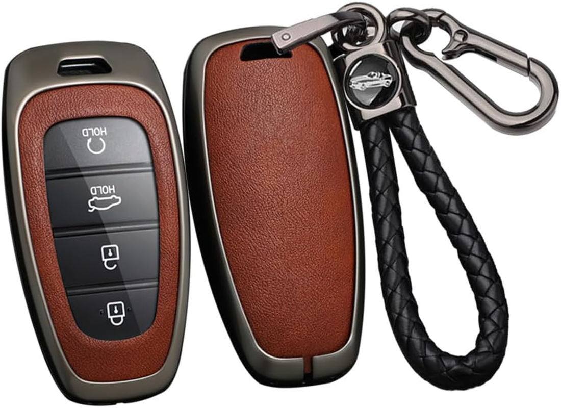 Ontto Alloy Car Key Fob Cover Fit for Hyundai Solaris Sonata Hybrid Nexo NX4 New Grand Santa Fe Tucson 2021 2022 2023 Leather Key Case Shell Key Holder Keyring Keychain Accessories Black