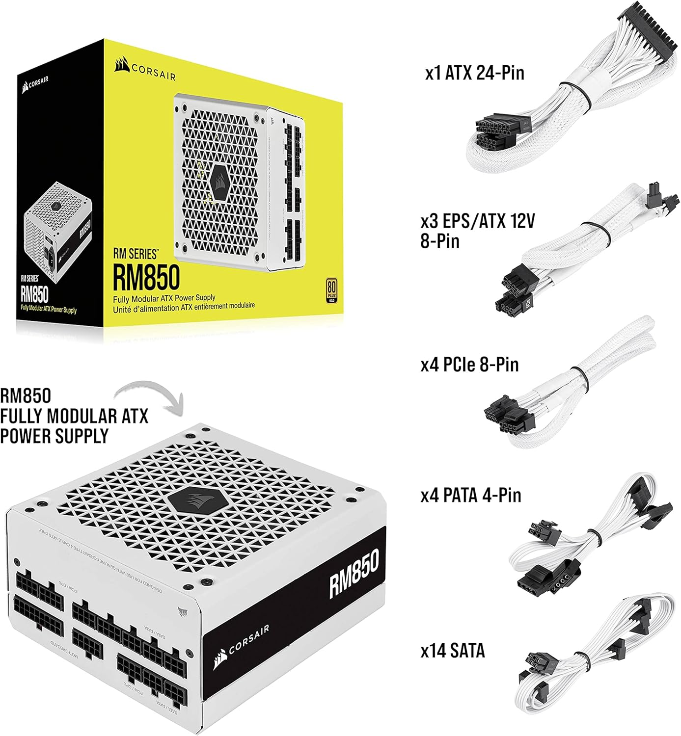 CORSAIR RM850 (2021), RM Series, 850 Watt 80 plus Gold Fully Modular ATX Power Supply (Triple EPS12V Connectors, Low-Noise Operation, Zero RPM Fan Mode, 105&deg;C Capacitors, Modern Standby) White image number 1