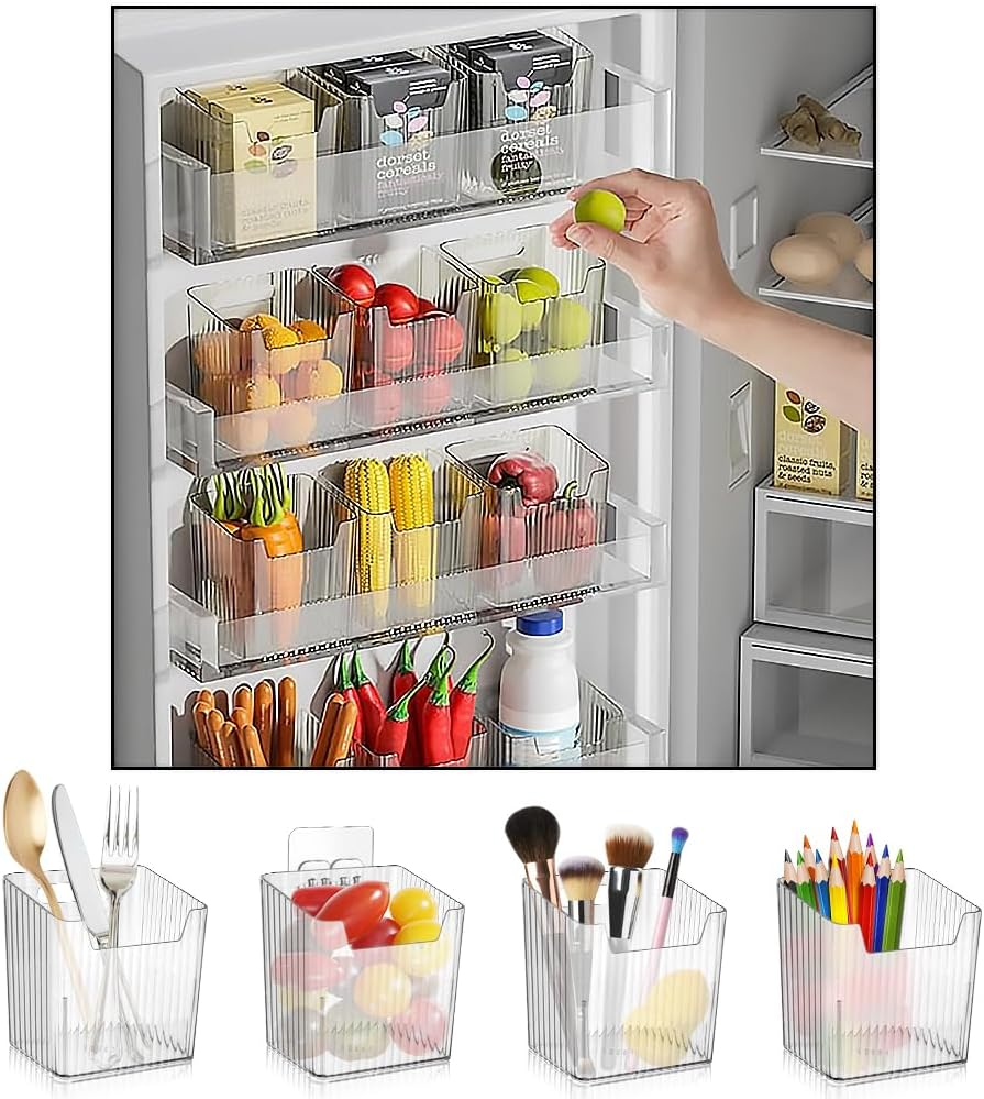 4 Pack Acrylic Wall Mount Organizer，Adhesive Cabinet Door Storage Bins，Clear Makeup Tool Containers，Stackable Organizer Basket for Kitchen，Bathroom，Cabinet，Pantry，Office (Take with No Trace Hooks)