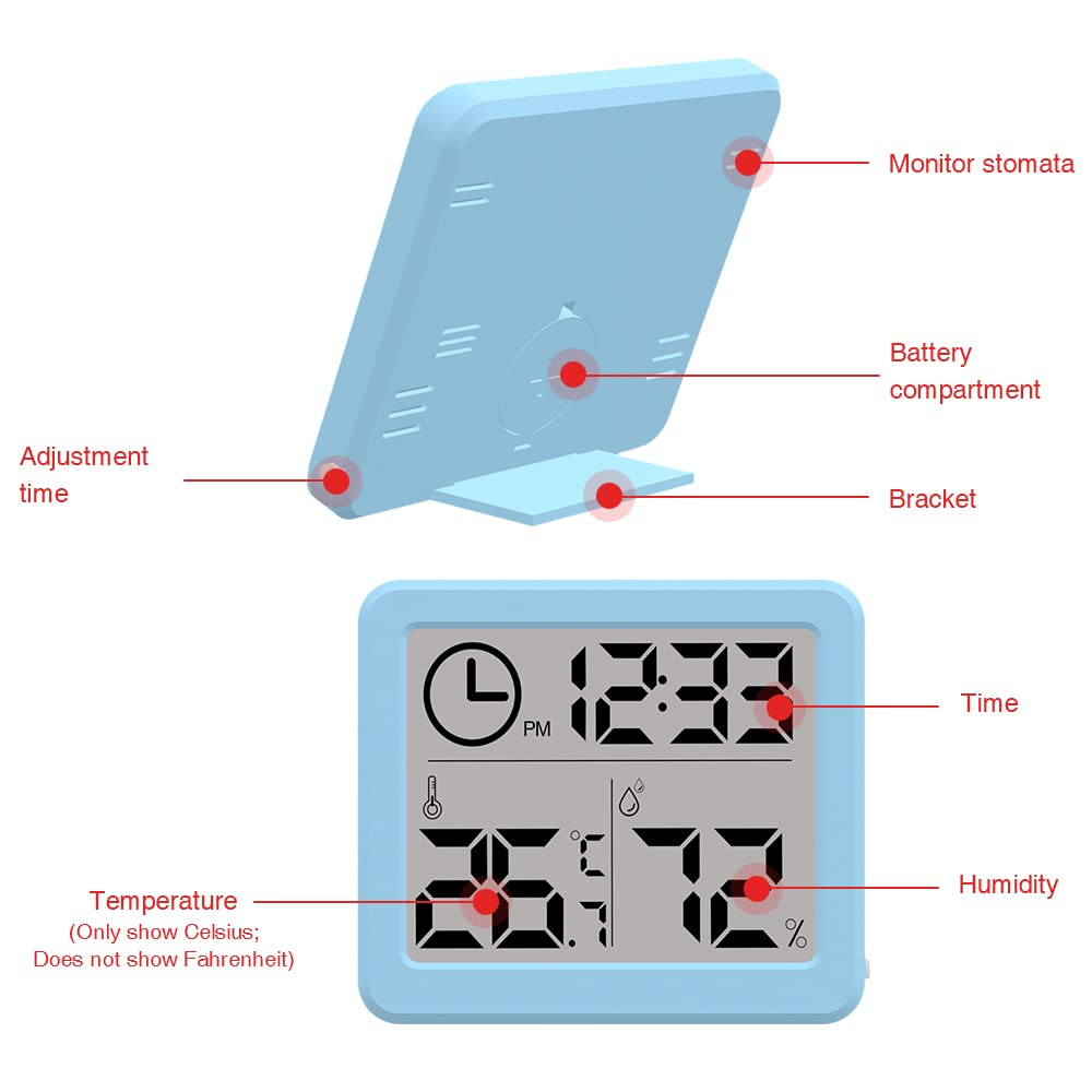 [2 Pack] 3.2 Inch Digital Indoor Hygrometer Thermometer, Room Thermometer Humidity Gauge with Time Clock, High Accuracy Temperature Humidity Monitor with Magnet for Home Office Greenhouse, Blue image number 6