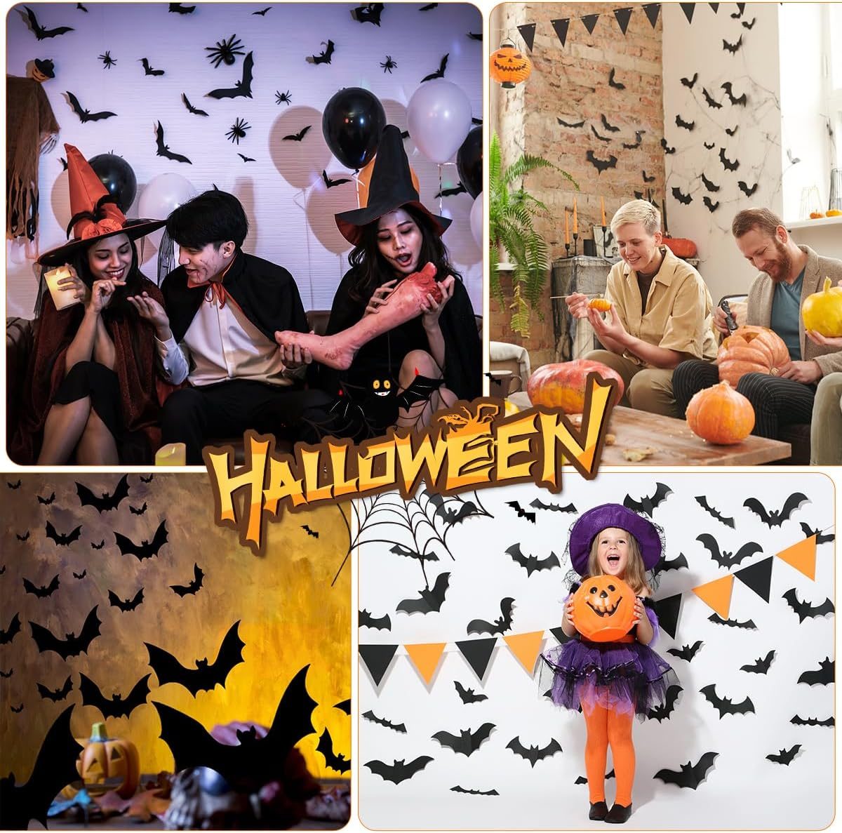 Halloween 3D Bats Decor 120PCS Wall Decor Realistic Halloween Party Scary Black 4 Different Sizes Waterproof PVC Bat Stickers for Living Room Bedroom Windows Gothic Home Decor Bats Spooky Party Decals