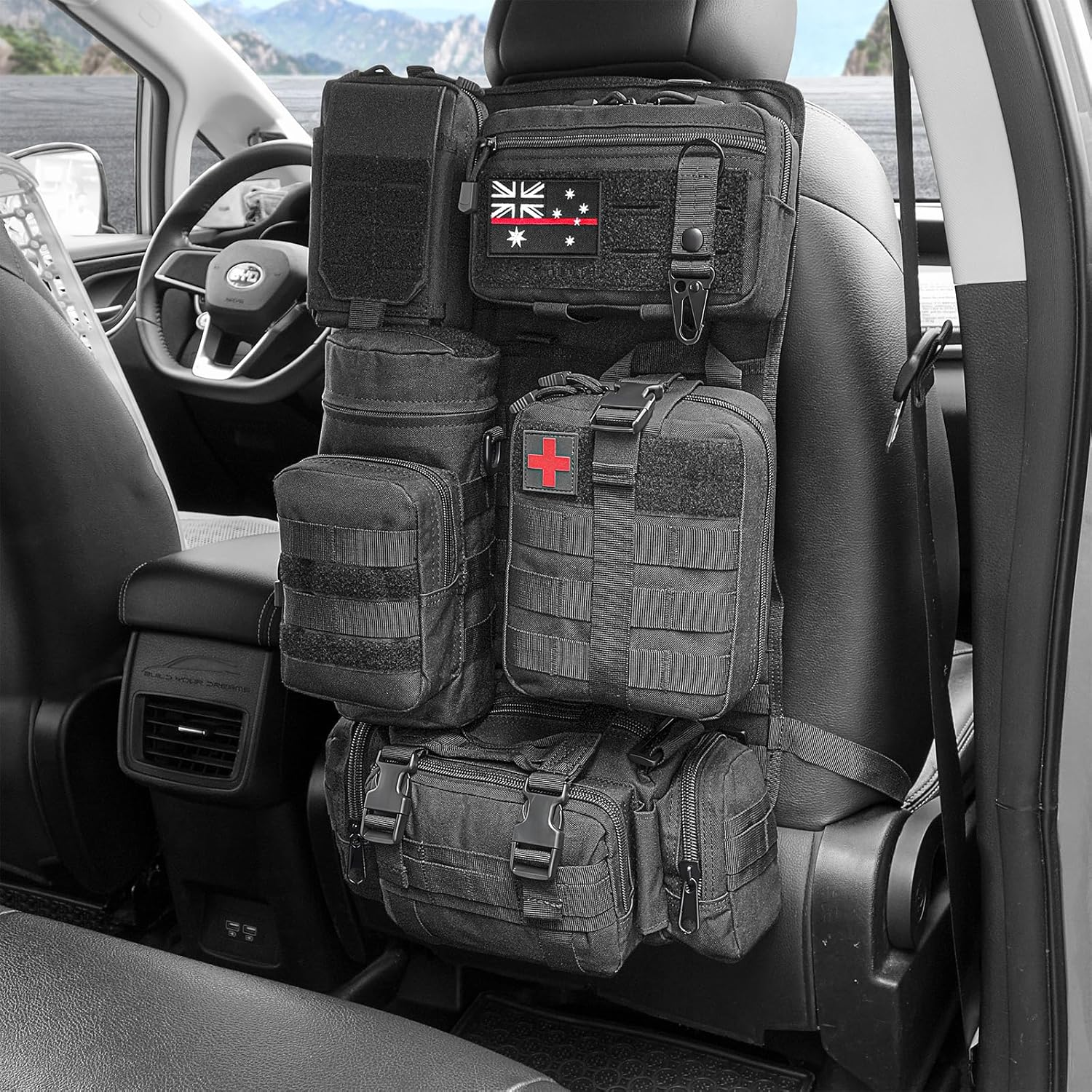Molle Panel Tactical Car Seat Organiser, Tactical Car Seat Back Organizer with 5 Detachable Molle Pouches, Auto Accessory Vehicle Storage Universal Fit (Style II)