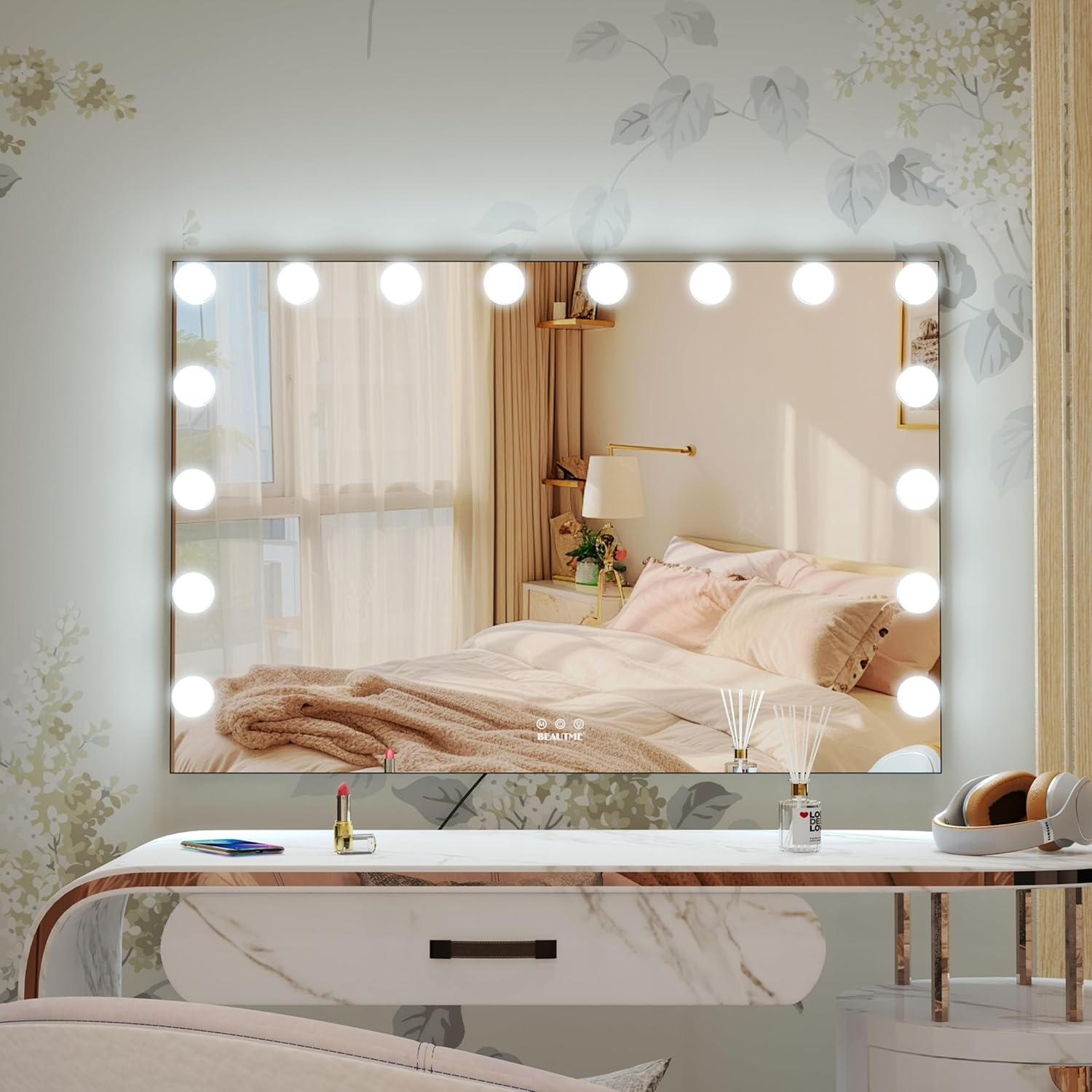 BEAUTME Vanity Mirror with Lights, Hollywood Makeup Mirror with Lights, Makeup Mirror with 16 Dimmable Led Bulbs, 3 Color Lighting Modes, Tabletop or Wall Mount, Black, 91.1&times;61.6Cm image number 3