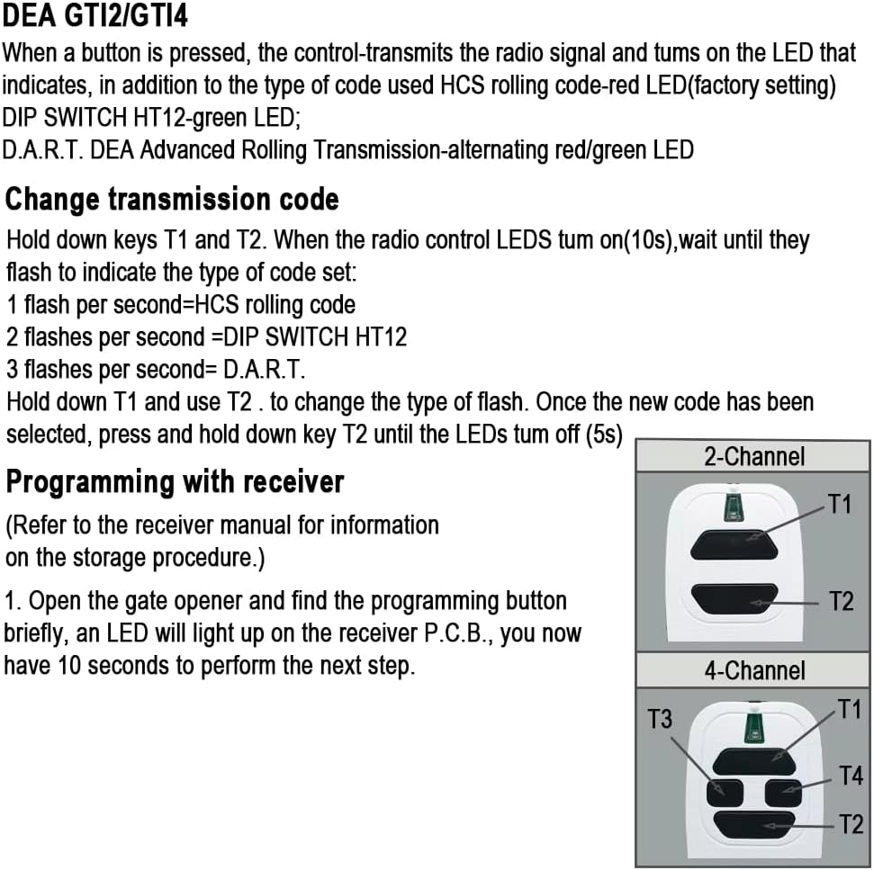 Garage Door Hand Transmitter Compatible Remote Control DEA2 433.92Mhz Compatible Avec DEA GTI2/4, GT2/4, Mio TR2/4, Mio TR2N/4N 1 Piece
