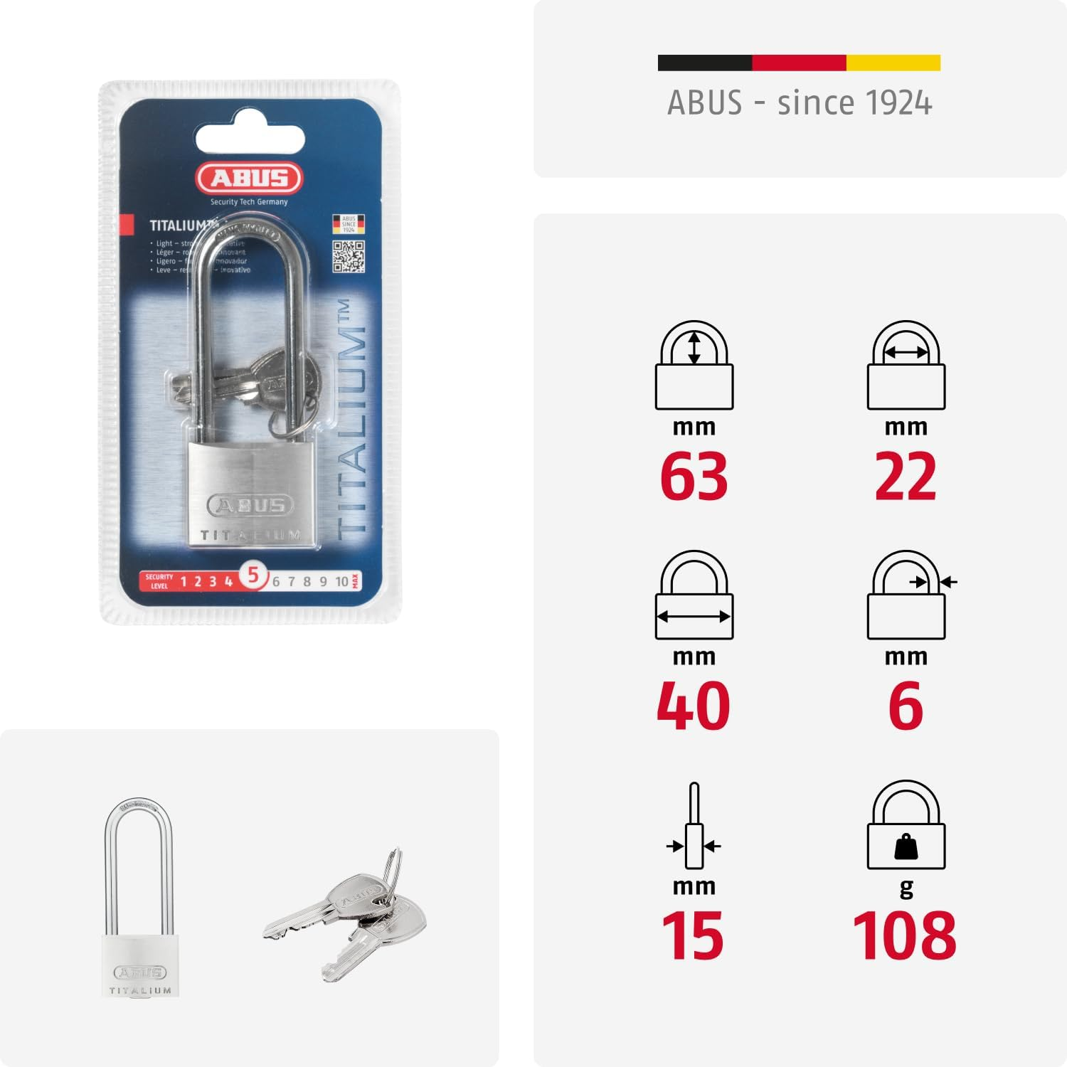 ABUS Titalium 64TI/40HB63 Gl.-6411 Padlock - Keyed Alike and with High Shackle - Basement Lock with Special Aluminium Lock Body - ABUS Security Level 5