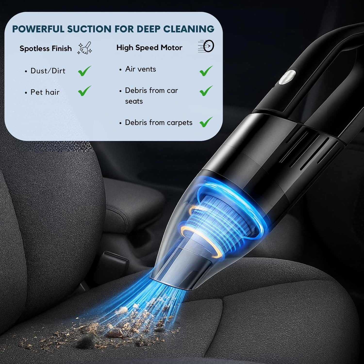 High-Power Cordless Car Vacuum Cleaner &ndash; Portable Handheld Mini Vacuum for Car and Suvs (Black), Lightweight, Portable Interior Cleaner for Cars & Home image number 3