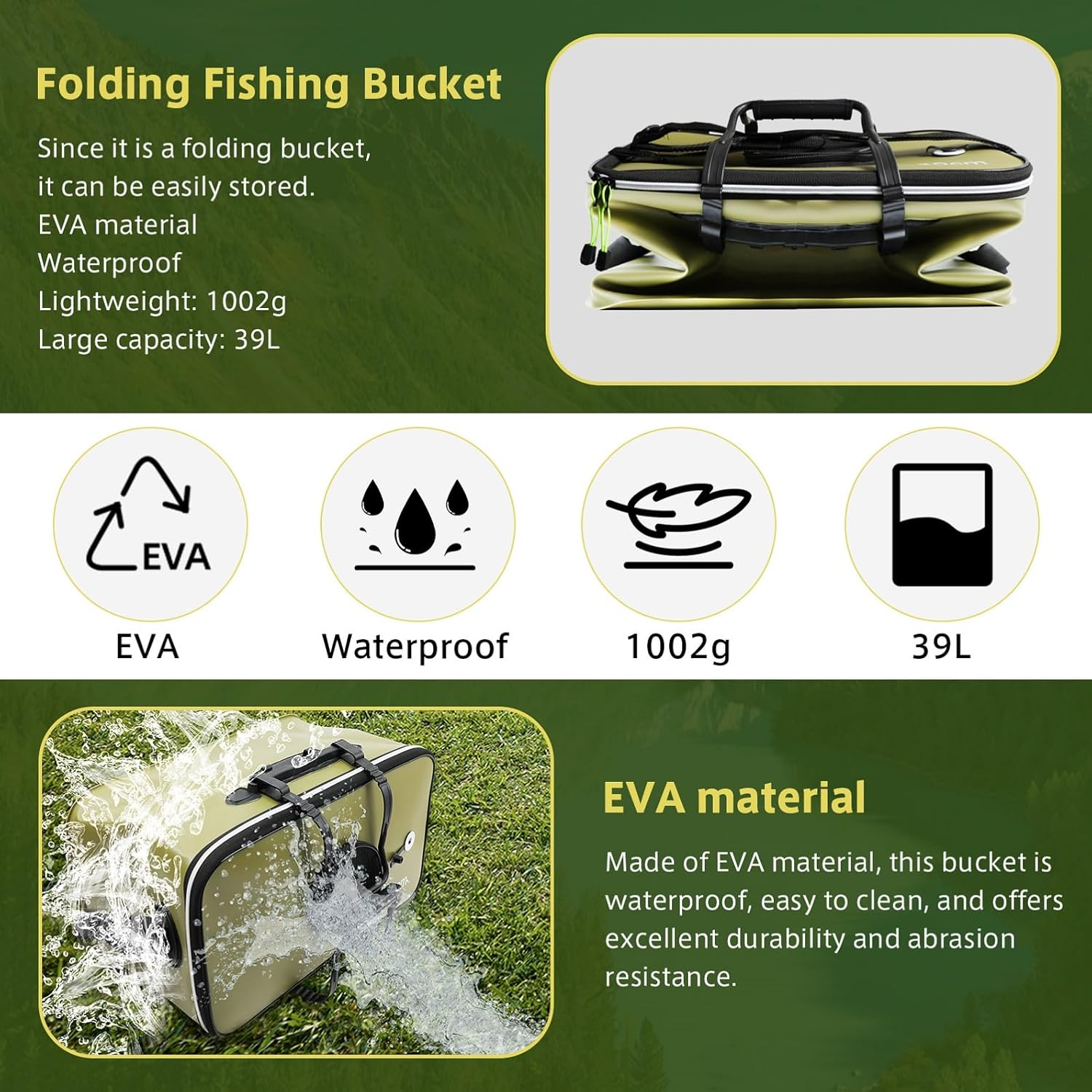 Fishing Bucket,Foldable Fish Bucket, Multi-Functional EVA Fishing Bag for Outdoor, Live Fish Lures Bucket and Fish Protection Bucket, Live Fish Container (50Cm/Armygreen) - Black image number 6