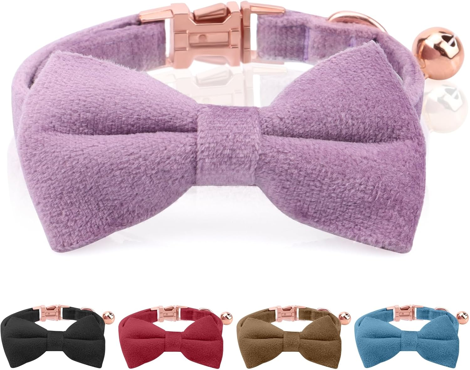 Asvin Velvet Cat Collar with Bell and Bow Tie, Adjustable Collar Cat for Weddings for Kitten Collar (Purple)