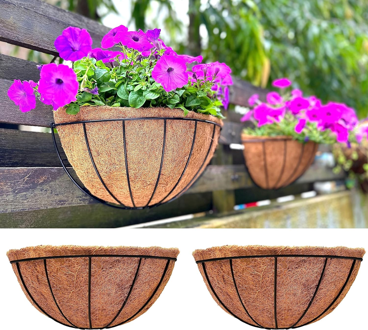 Lalagreen 16 Inch Large Wall Planter, 2 Pack Rail Hanging Pot with Coco Liner, Black Metal Wall Mounted Flower Basket Box Outdoor outside Fence Railing Plant Holder Deck Porch Patio Balcony Garden image number 1