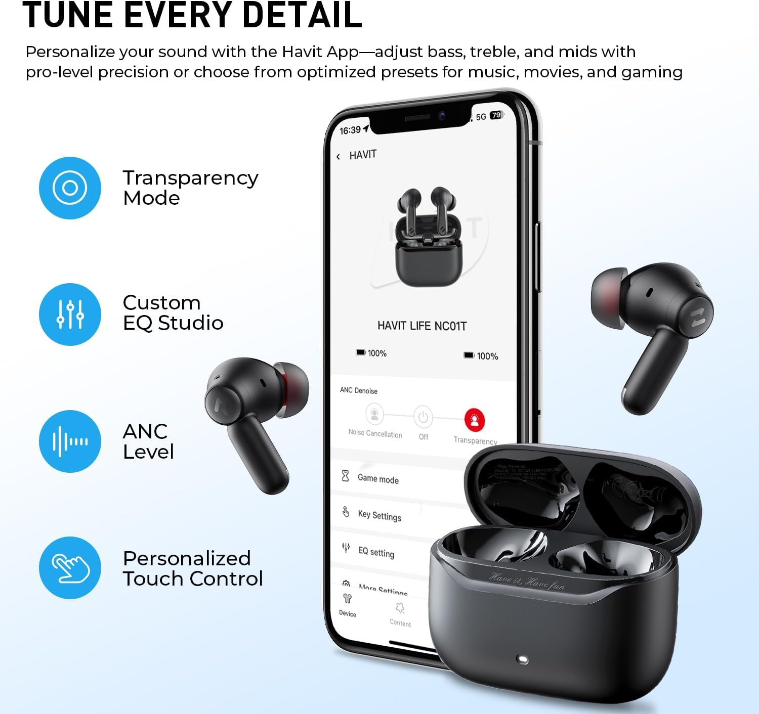 Havit TW991 PRO Wireless Earbuds, up to 45 Db Hybrid ANC, 6 Mics AI ENC Call Wireless Earphones with Spatial Audio, Bluetooth 13.7 Cm Ear Headphones, 30H Battery Life and IPX4 image number 4