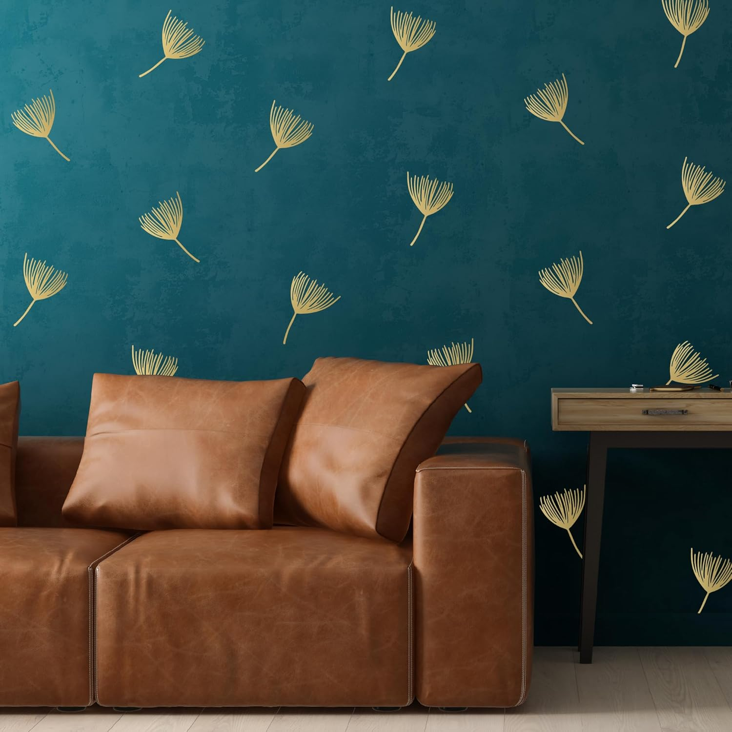 SHYJSHYJ a Room with Metallic Gold Vinyl Flowers Wall Decals, Peel and Stick Modern Floral Dandelion Pappus Stickers for Bedroom Livingroom Home Wall Art Decor image number 2