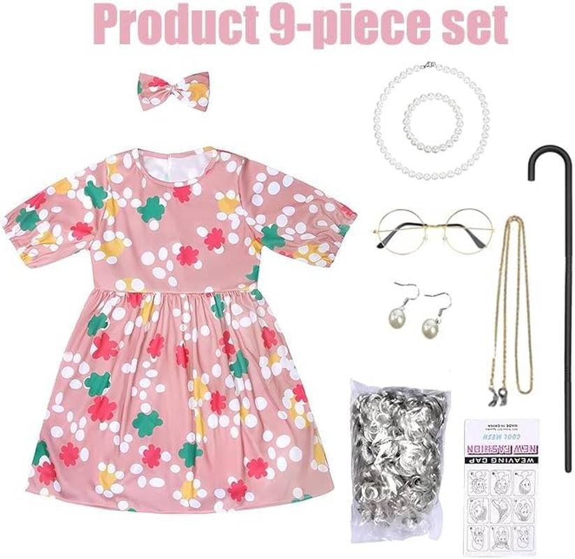 Girls Book Week Costumes,Old Lady Costume for Kids Girls,Halloween Old Lady Costume Book Week Halloween Costumes Dress up Outfit Accessories for Kids Girls image number 3