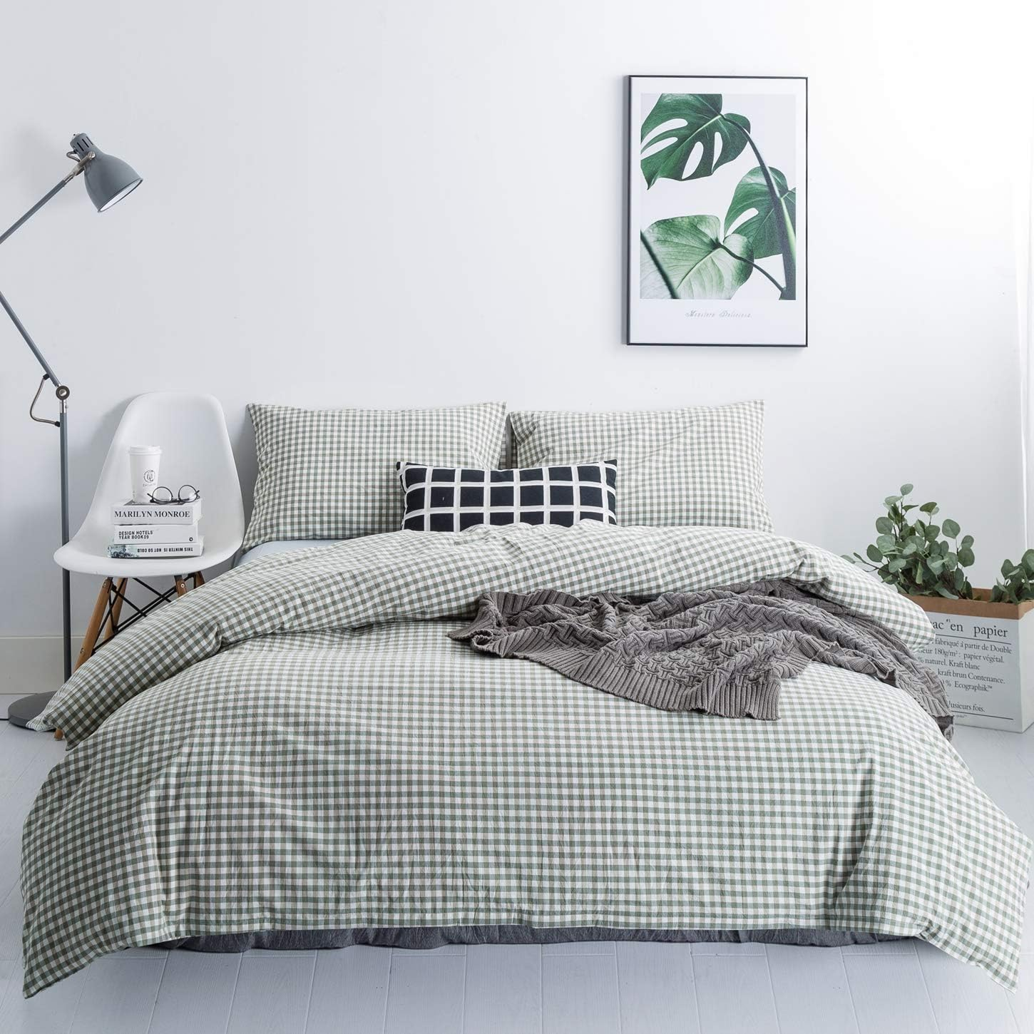 (Queen, Style 5) - SUSYBAO 100% Natural Washed Cotton 3 Pieces Duvet Cover Set (Queen/Full) 1 Duvet Cover 2 Pillowcases Luxury Quality Soft Breathable Hypoallergenic Green Gingham Plaid Pattern with Zipper Ties