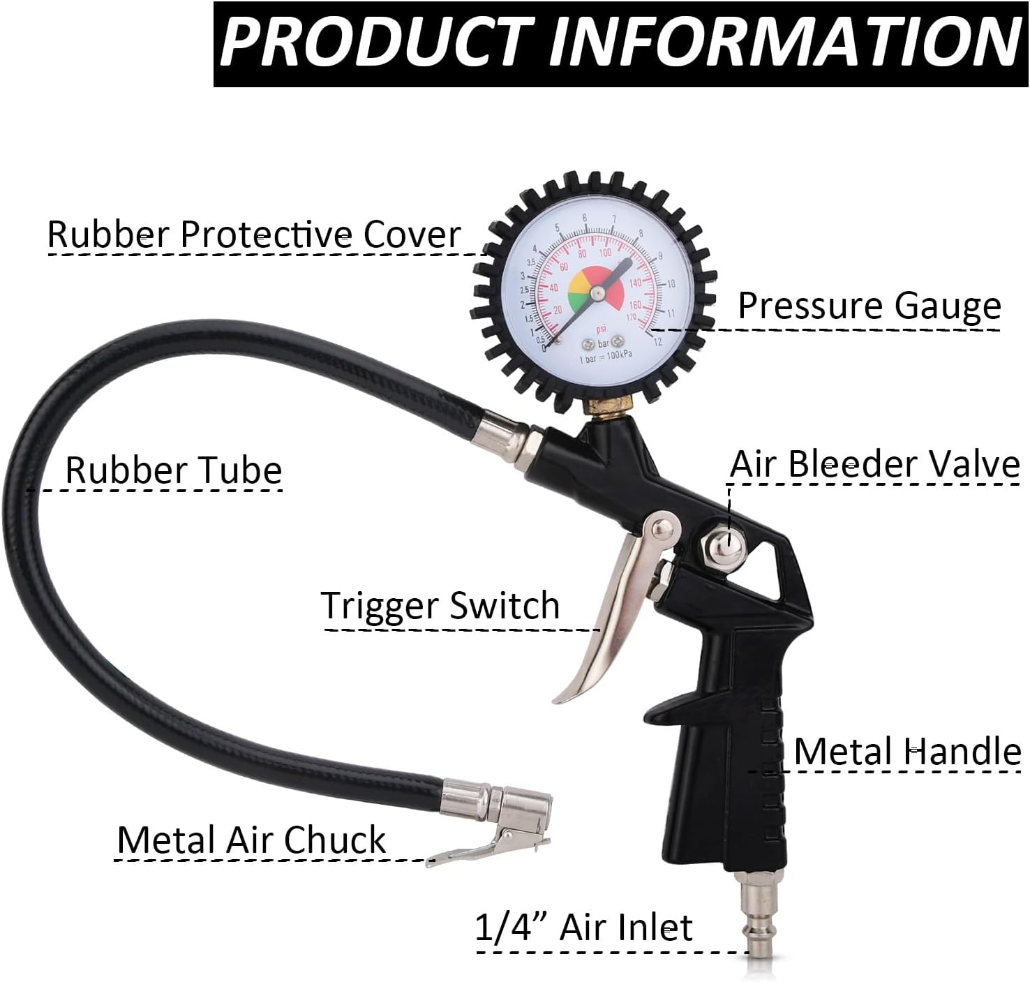 0-170PSI Tyre Inflator Dial Pressure Meter Gauge 12 BAR with Gauge for Car Van Tool Compressor image number 5