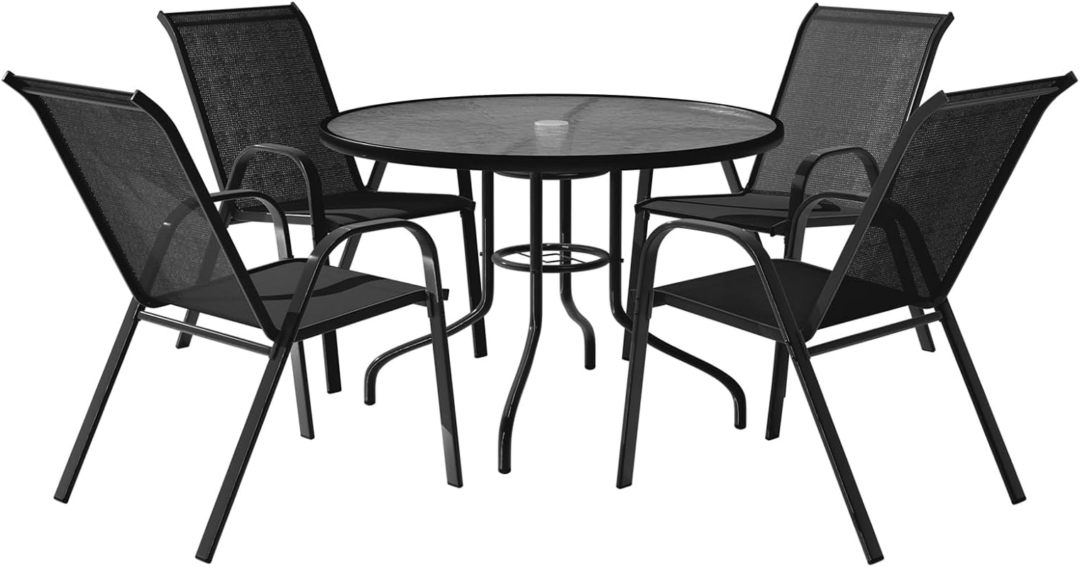 ALFORDSON Outdoor Dining Set, 5 Pcs Garden Patio Furniture with Patio Table and Chairs, All-Weather Textilene Fabric Indoor Bar Set for Patio, Garden, Lawn, Balcony and Swimming Pool Side, Grey Color