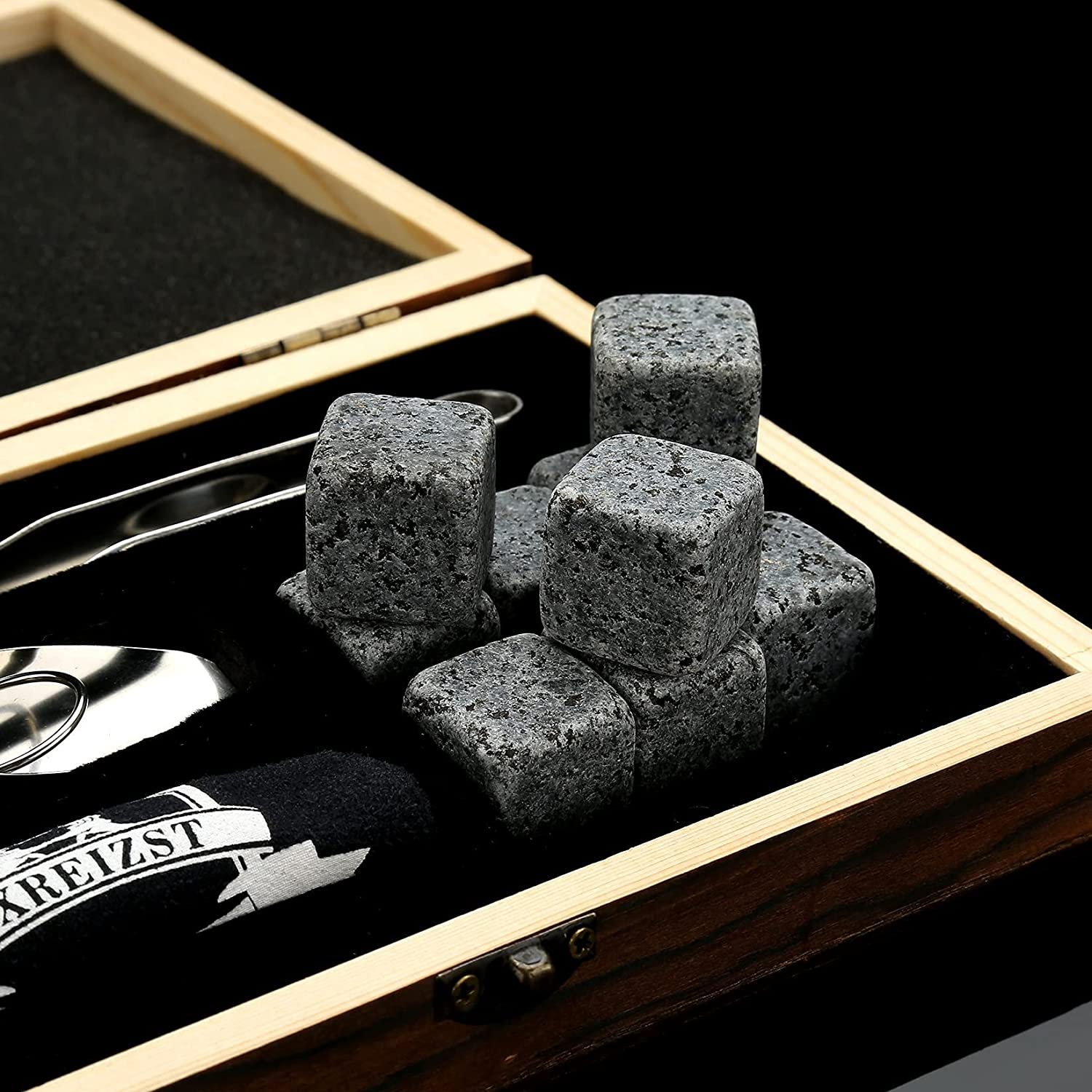 Whiskey Stones Gift Set - 9 Granite Chilling Stones Whisky Rocks - Reusable Ice Cubes with Tongs Stopper - Best Drinking Present for Men Dad Party Birthday Anniversary Retirement Father'S Day (Gray) image number 6