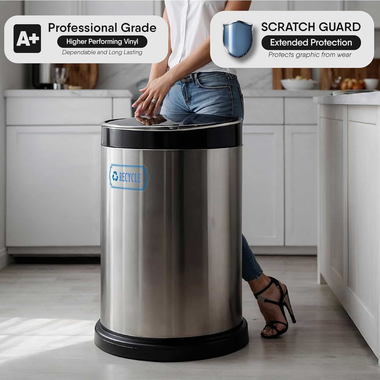 Recycle and Trash Stickers for Garbage Cans &ndash; Blue Premium Clear Vinyl Recycling Bin Labels &ndash; 4 Pack - 6.7" by 3.15" Decals Logo - Waste Signs for Home Kitchen or Office Bins Indoor/Outdoor Use image number 3