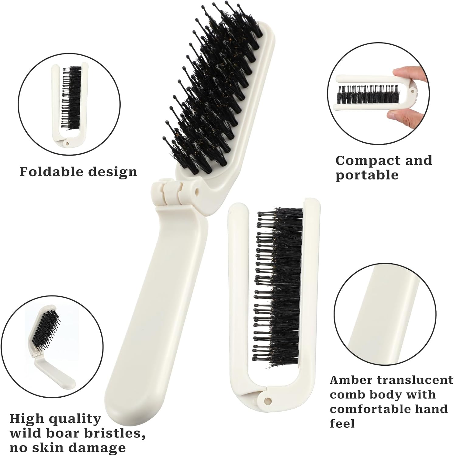 Foldable Hair Brush, Mini Portable Pocket Travel Brush with Boar Bristles for Thin, Thick, Curly, Wet and Dry Hair, Compact Size, Holiday Friendly image number 1