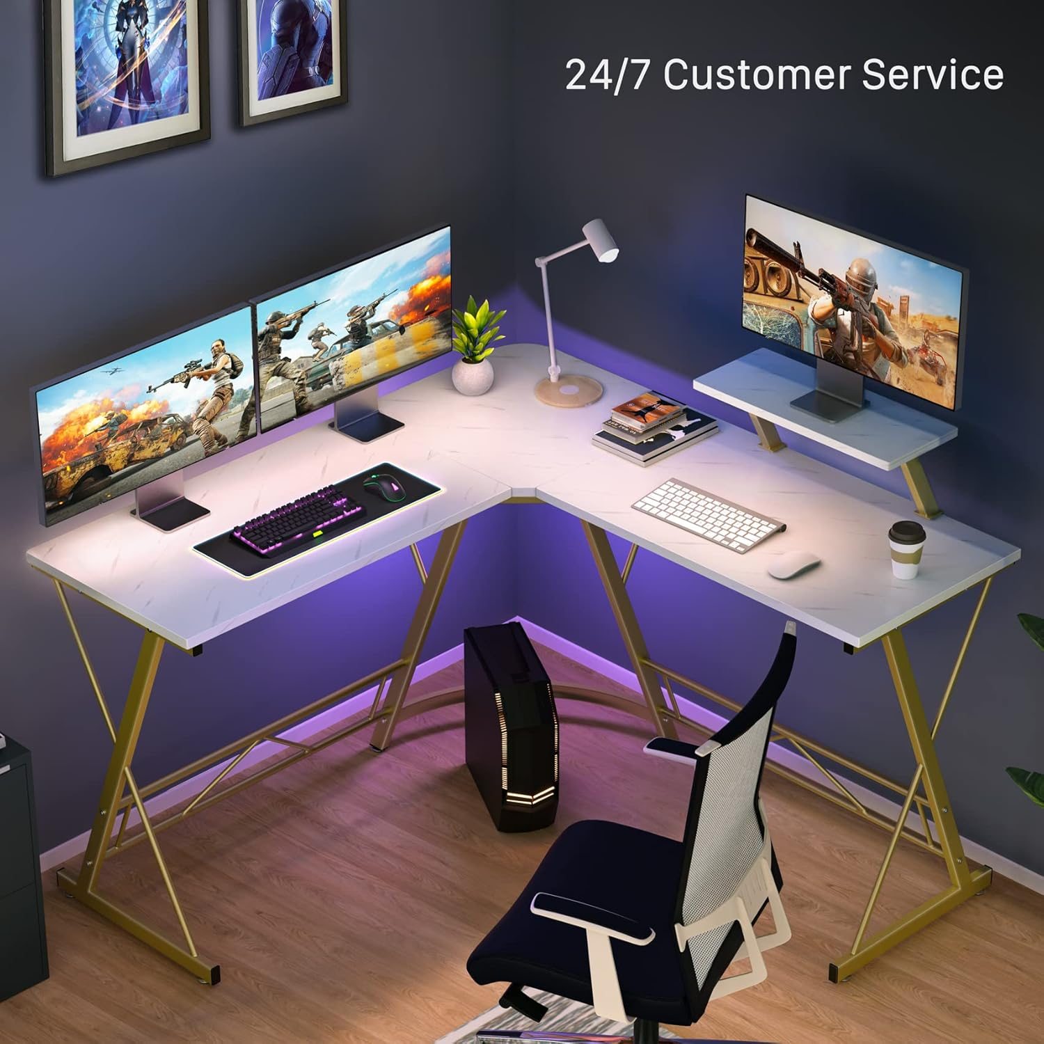 Mr Ironstone L Shaped Desk Computer Corner Desk, Home Gaming Desk, Office Writing Workstation with Large Monitor Stand, Easy to Assemble (White,51 Inch) - Marble White image number 6