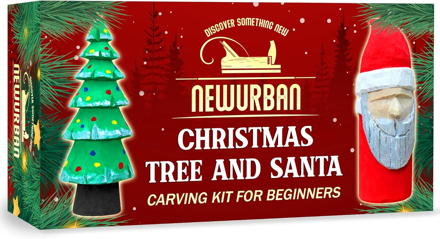 Wood Carving Kit for Beginners - Whittling Kit with New Year Tree and Santa DIY - Woodworking Kit with Wood Blocks Knives Gift Set for Kids Adults Christmas Tree Ornaments Decoration image number 1