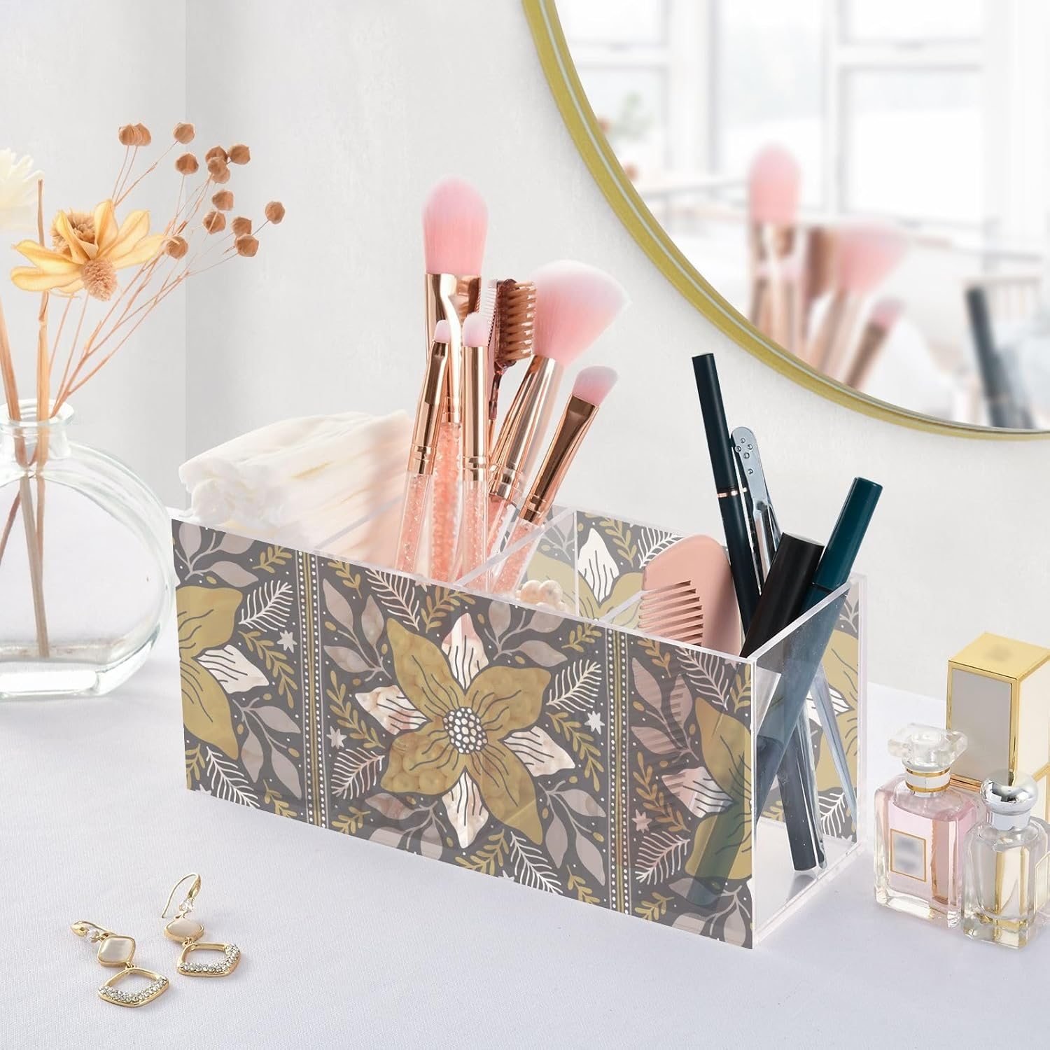 Guoche Acrylic Pen Cup Holder for Desk Merry Christmas Retro Brown Flowers 4 Compartments Clear Plastic Brush Holder for Vanity for Bedroom Accessory Art Supply Storage Organizer image number 4