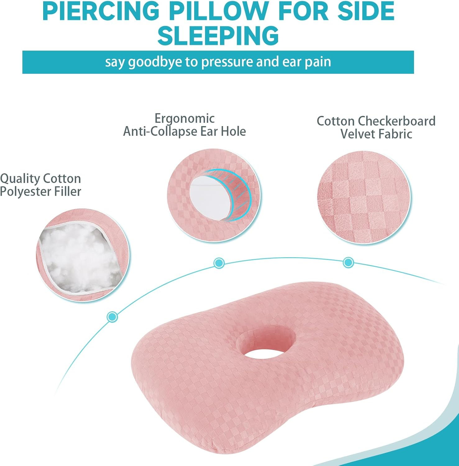 Wuronsa Ear Piercing Pillow with an Ear Hole, Cotton and Polyester Side Sleeping Pillow for CNH and Ear Pain Ear Inflammation Pressure Sores for Side Sleepers, Ear Guard Pillow (Light Pink) - Black Silk image number 3