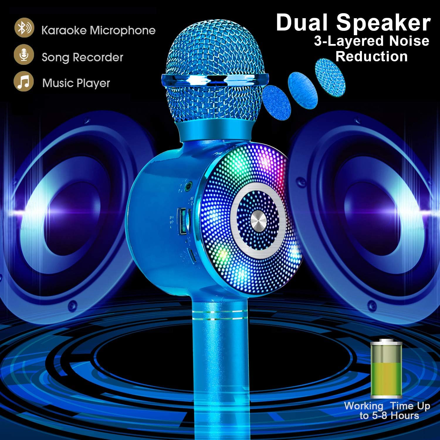 Wireless Bluetooth Karaoke Microphone with LED Lights, 4 in 1 Portable Karaoke Machine Speaker for Android/Iphone/Pc image number 2