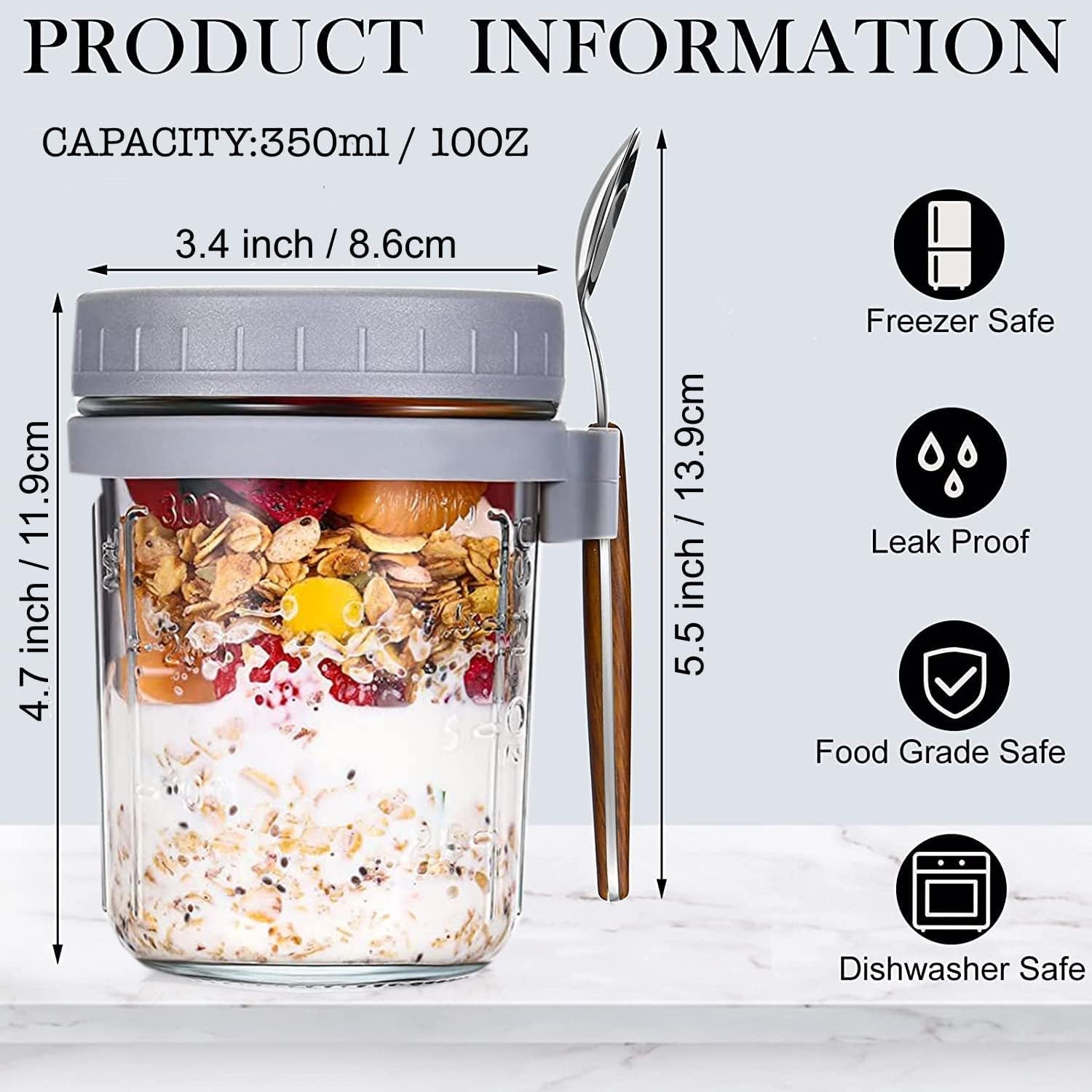 HJB VISSO Glass Jars, Overnight Oats Container with Lid and Spoon [4 Pack], Overnight Oats Jars, 350Ml / 10 Oz Cereal, Milk, Vegetable and Fruit Salad Storage Container with Measurement Marks image number 5