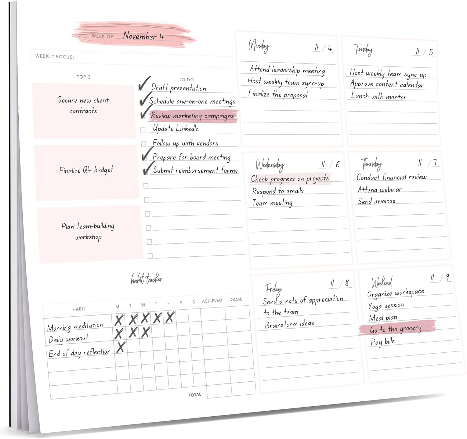 Lamare 2024 Pink Weekly Planner, 10X7.8 Inches, 52 Pages, Desk Calendar with Habit Tracker
