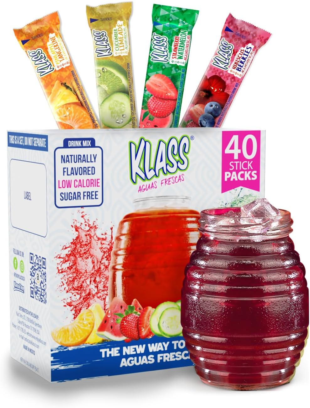Klass Aguas Frescas Variety Pack - Cucumber Limeade, Strawberry Watermelon, Hibiscus Berries, Pineapple Tangerine (40 Total on the Go Packets) image number 2