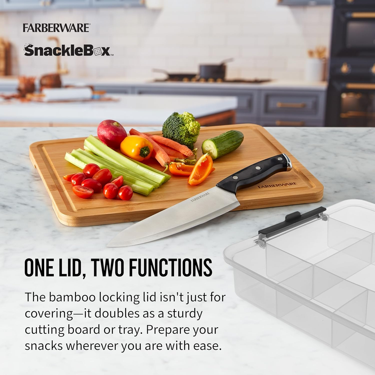 Farberware Build Snacklebox Serving Tray with Locking Bamboo Cutting Board Lid, Portable Storage Container with Compartments for Charcuterie, and More, Natural image number 6