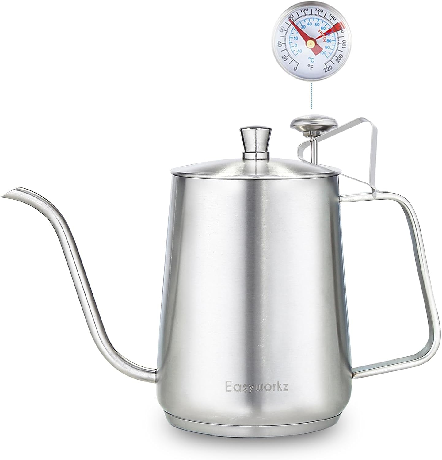 Easyworkz Gage Pour over Kettle 600 Ml Stainless Steel Gooseneck Long Narrow Drip Spout Coffee Tea Pot with Thermometer Silver